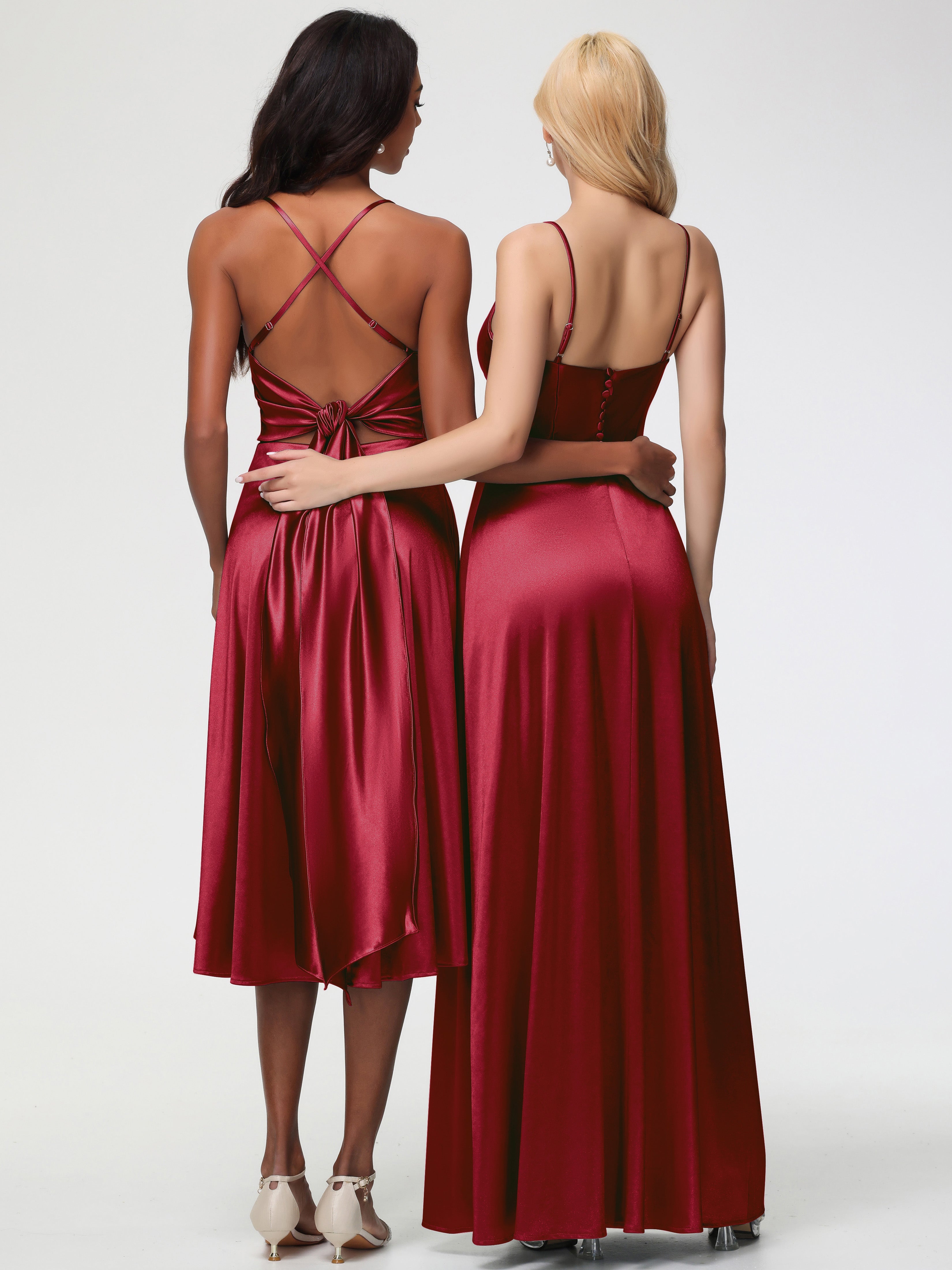 Modestes Robes De Demoiselle D'Honneur Bordeaux Bretelles Spaghetti Col Carré Fendue Trapèze Satin Extensible Robe De Demoiselle D'Honneur