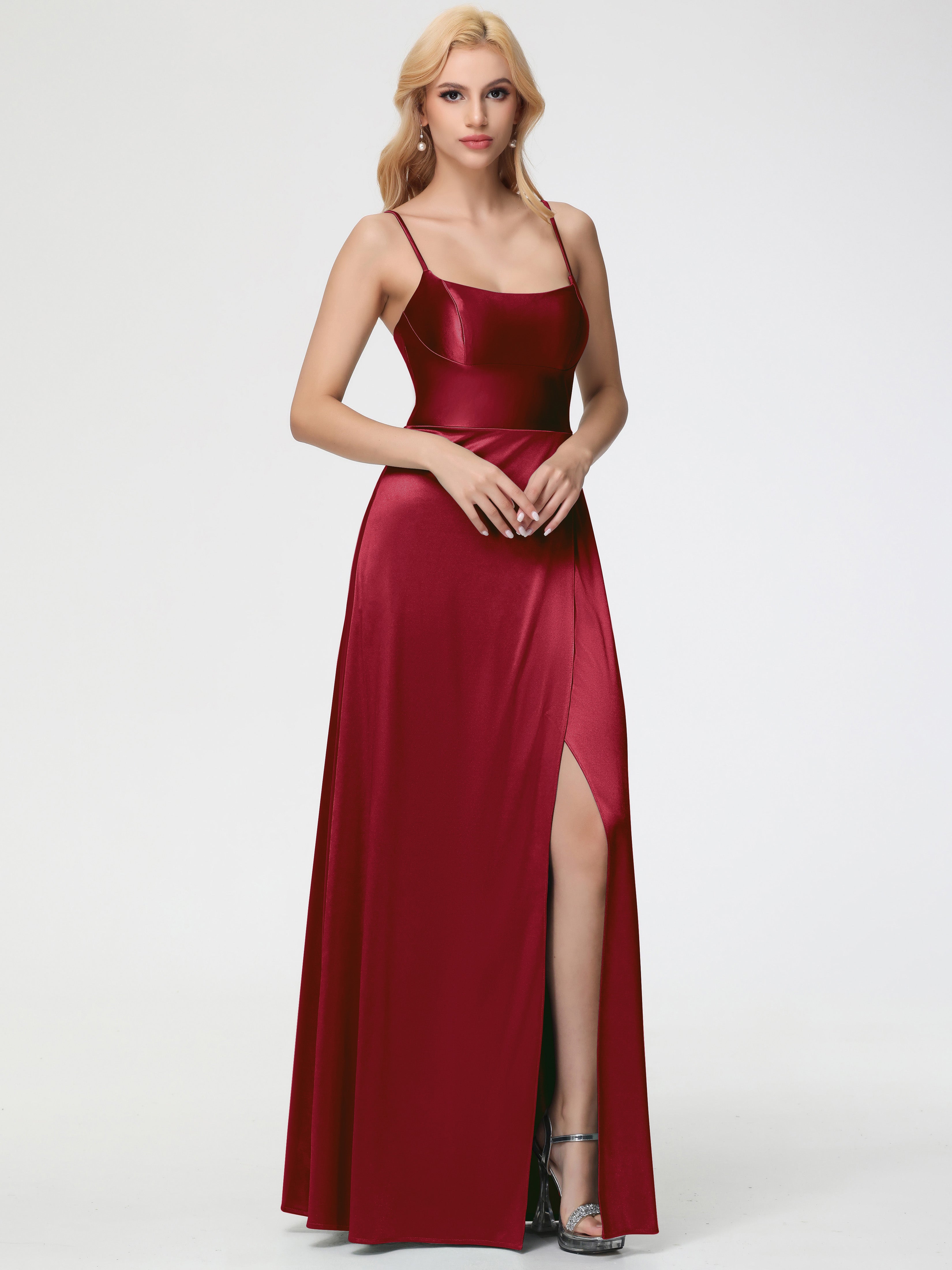 Modestes Robes De Demoiselle D'Honneur Bordeaux Bretelles Spaghetti Col Carré Fendue Trapèze Satin Extensible Robe De Demoiselle D'Honneur