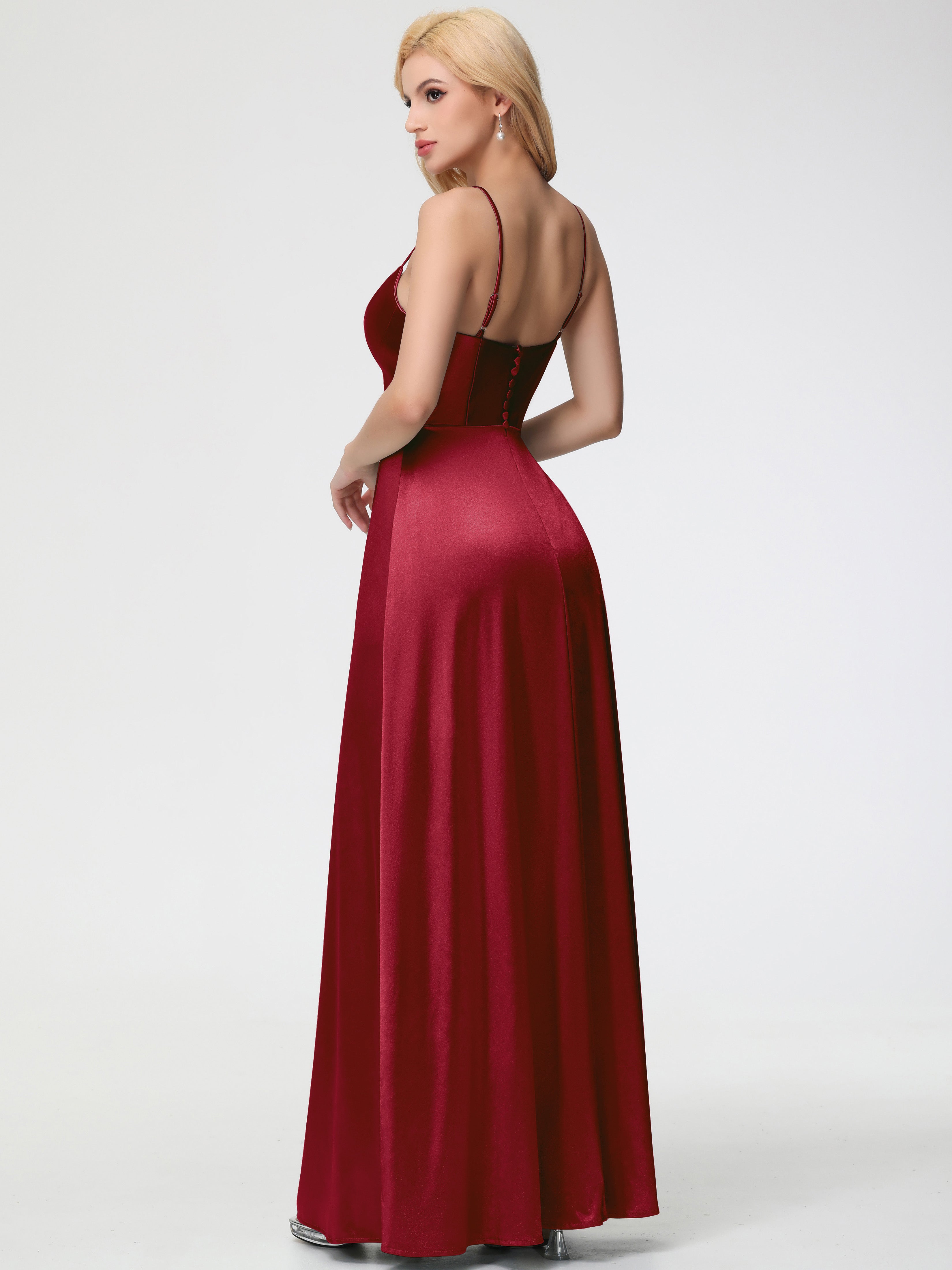 Modestes Robes De Demoiselle D'Honneur Bordeaux Bretelles Spaghetti Col Carré Fendue Trapèze Satin Extensible Robe De Demoiselle D'Honneur