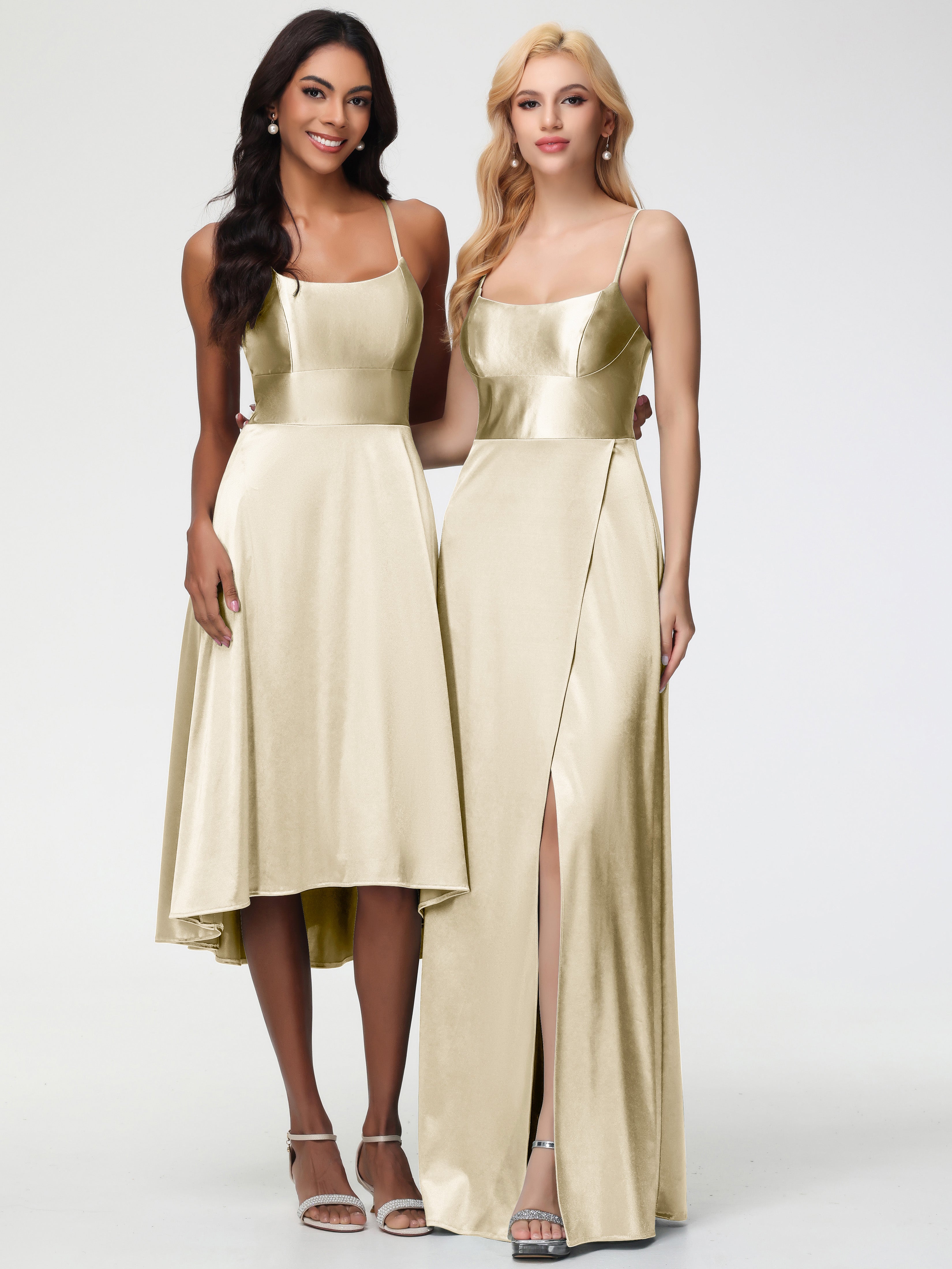 Robes De Demoiselle D'Honneur Champagne Pas Cher Bretelles Spaghetti Col Carré Fendue Trapèze Satin Extensible Robe De Demoiselle D'Honneur