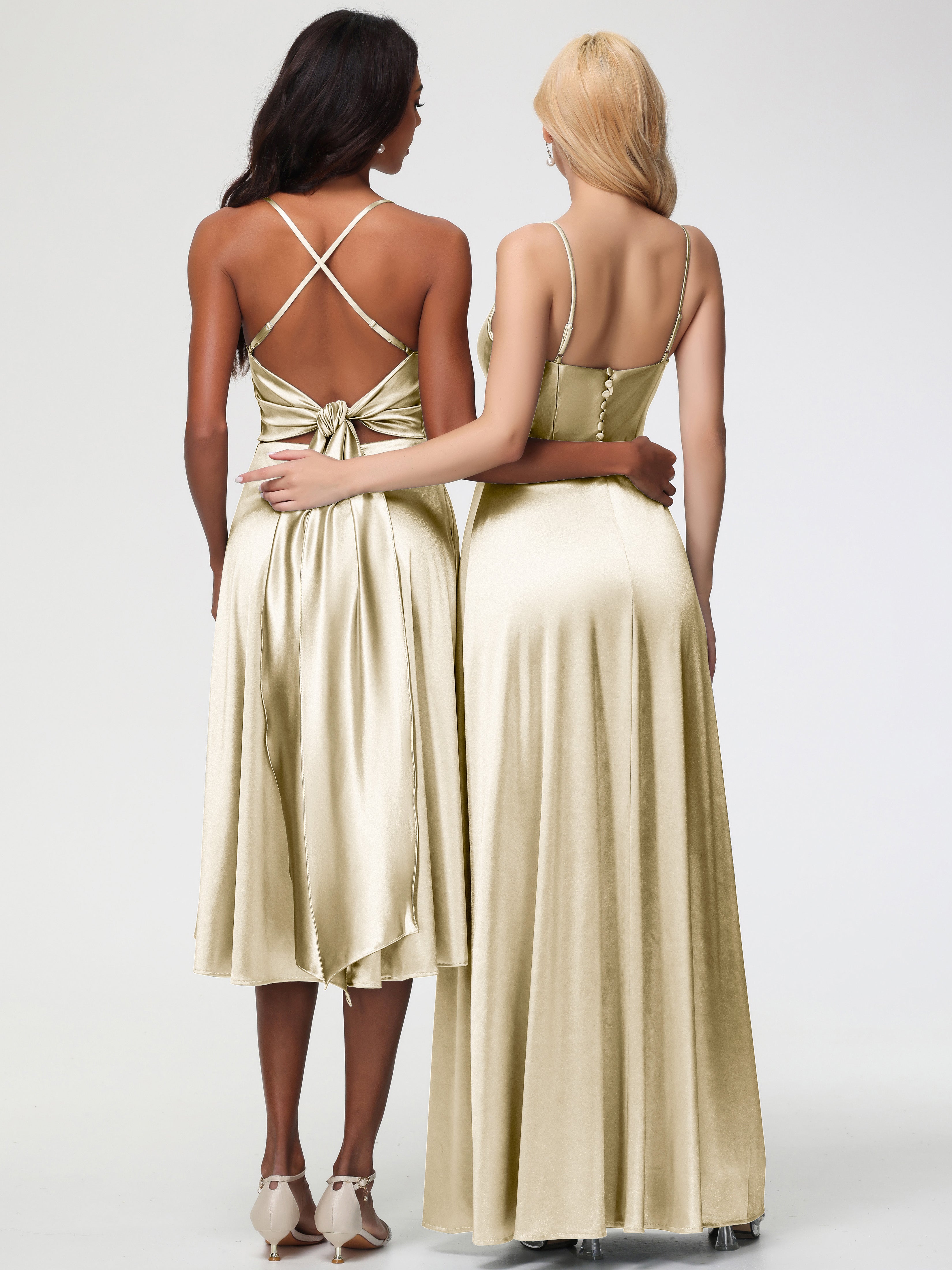 Robes De Demoiselle D'Honneur Champagne Pas Cher Bretelles Spaghetti Col Carré Fendue Trapèze Satin Extensible Robe De Demoiselle D'Honneur