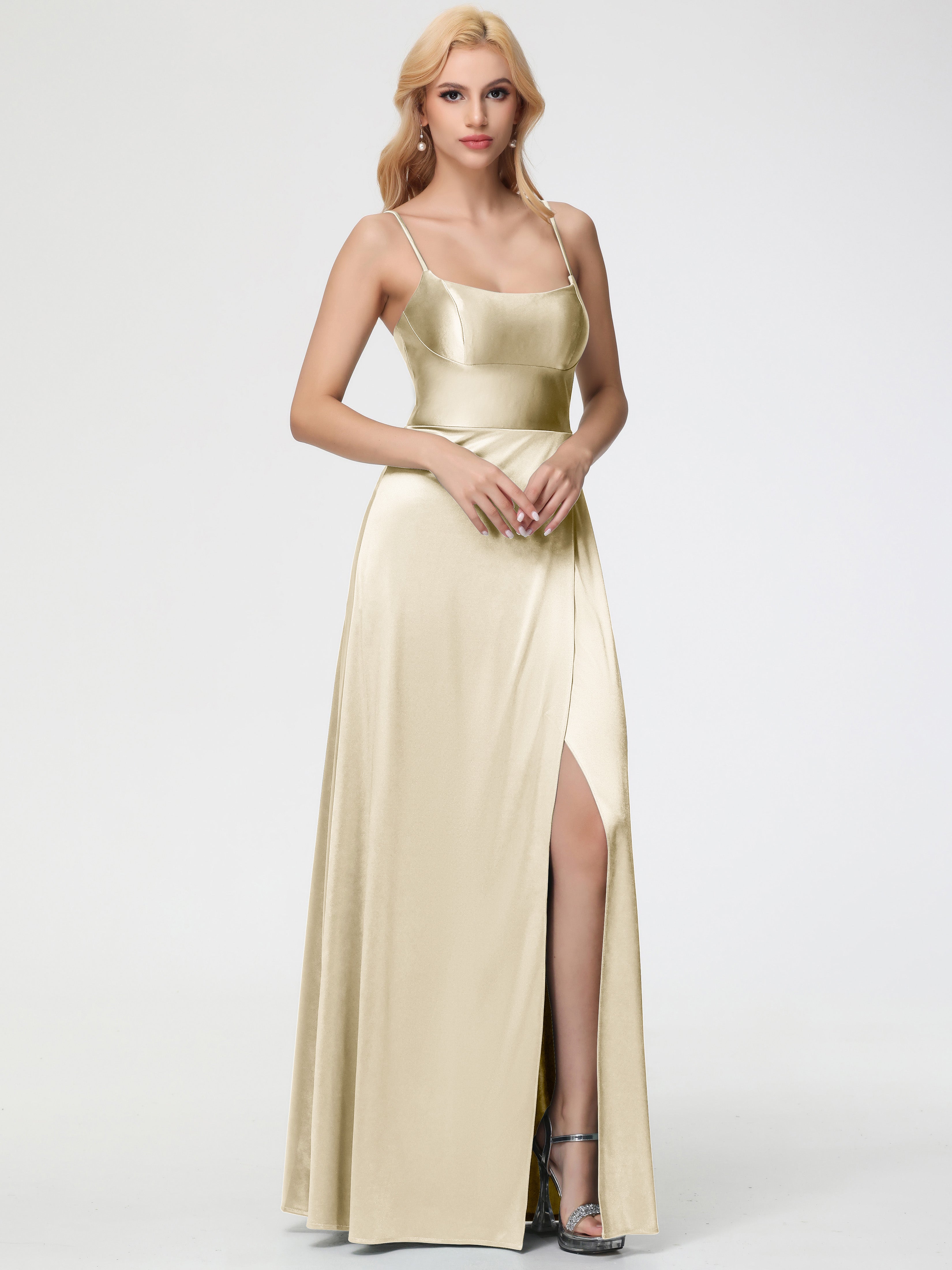 Robes De Demoiselle D'Honneur Champagne Pas Cher Bretelles Spaghetti Col Carré Fendue Trapèze Satin Extensible Robe De Demoiselle D'Honneur
