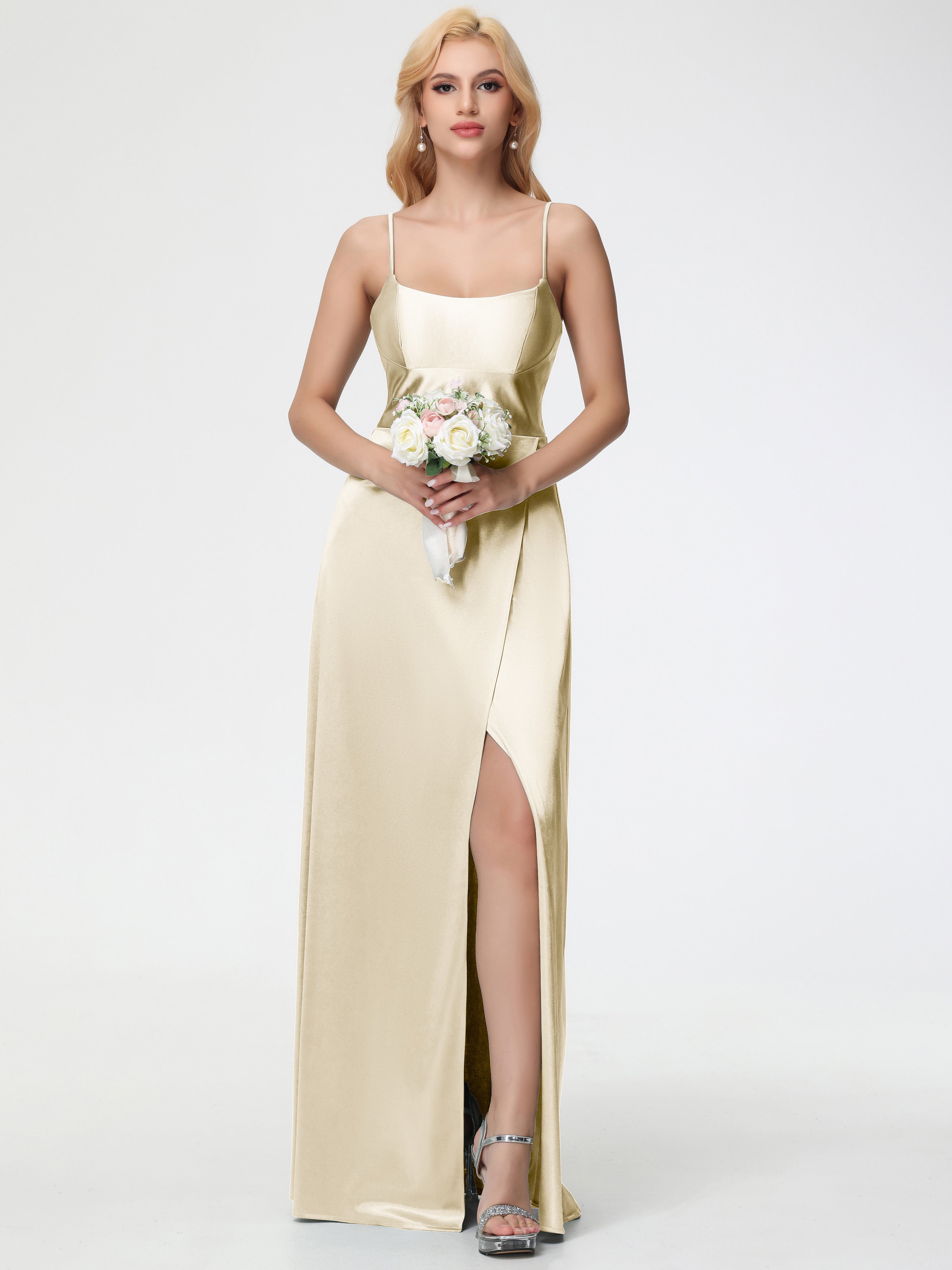 Robes De Demoiselle D'Honneur Champagne Pas Cher Bretelles Spaghetti Col Carré Fendue Trapèze Satin Extensible Robe De Demoiselle D'Honneur