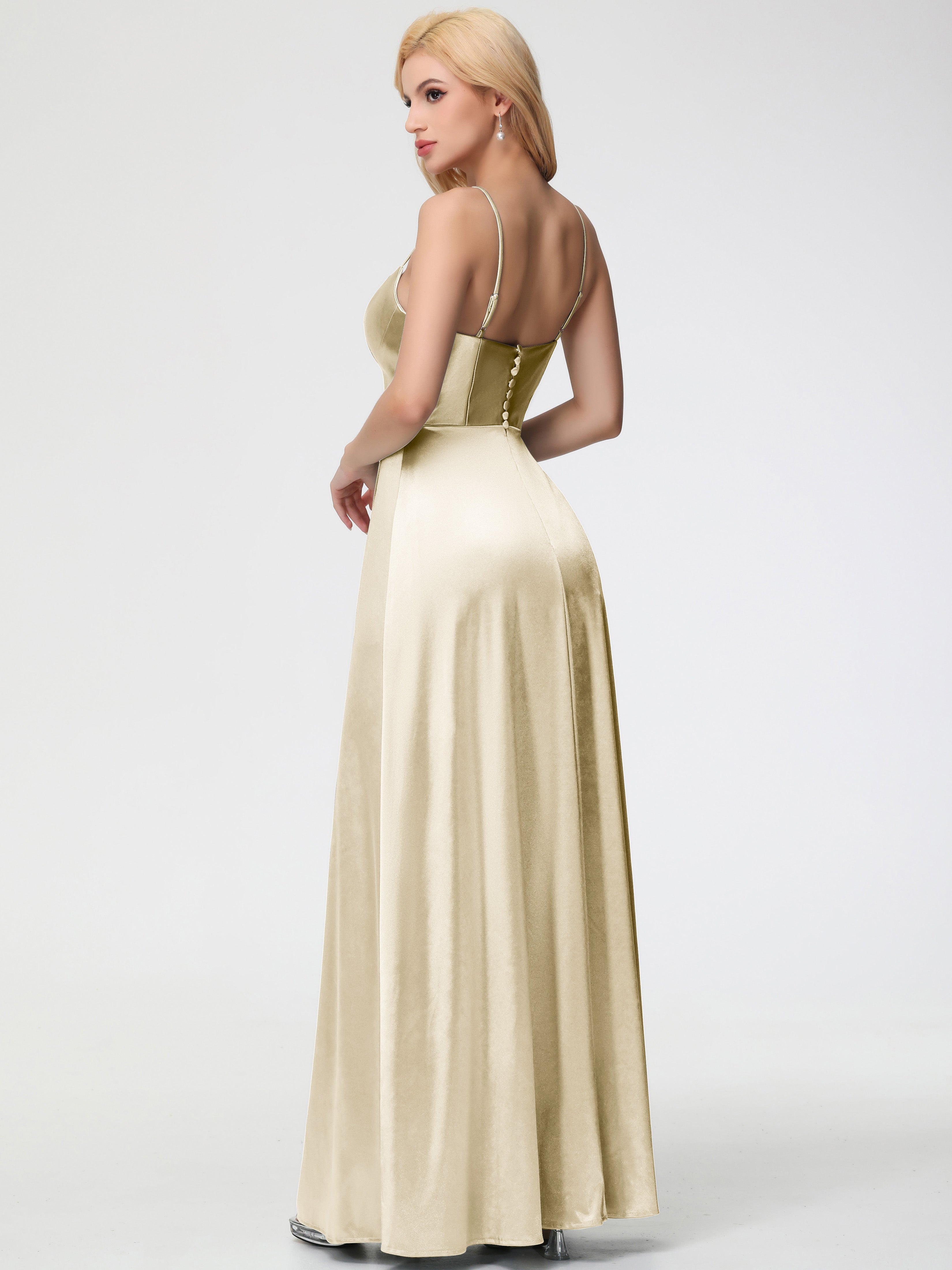 Robes De Demoiselle D'Honneur Champagne Pas Cher Bretelles Spaghetti Col Carré Fendue Trapèze Satin Extensible Robe De Demoiselle D'Honneur
