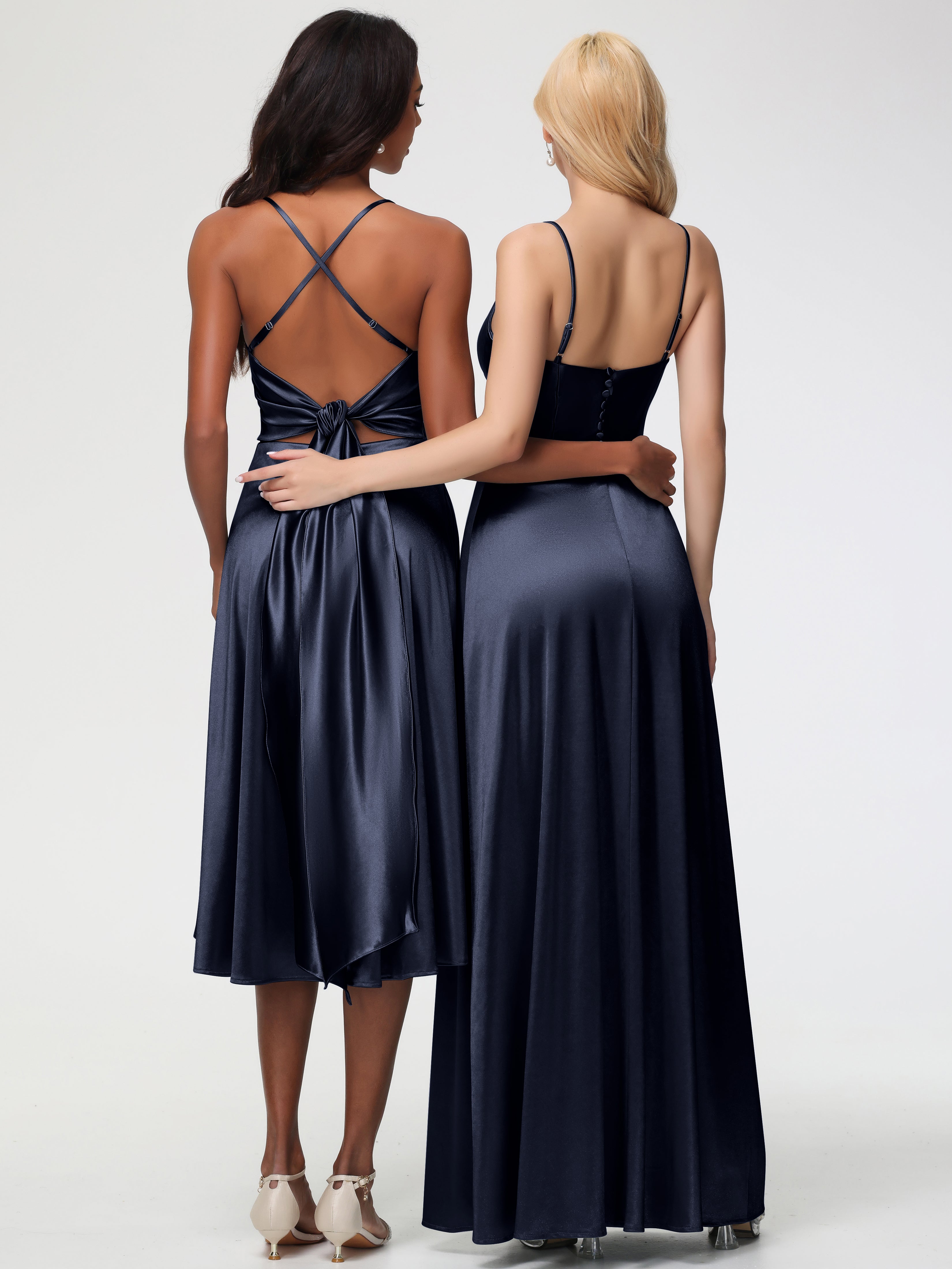 Demoiselle D'Honneur Bleu Marine Bretelles Spaghetti Col Carré Fendue Trapèze Satin Extensible Robe De Demoiselle D'Honneur