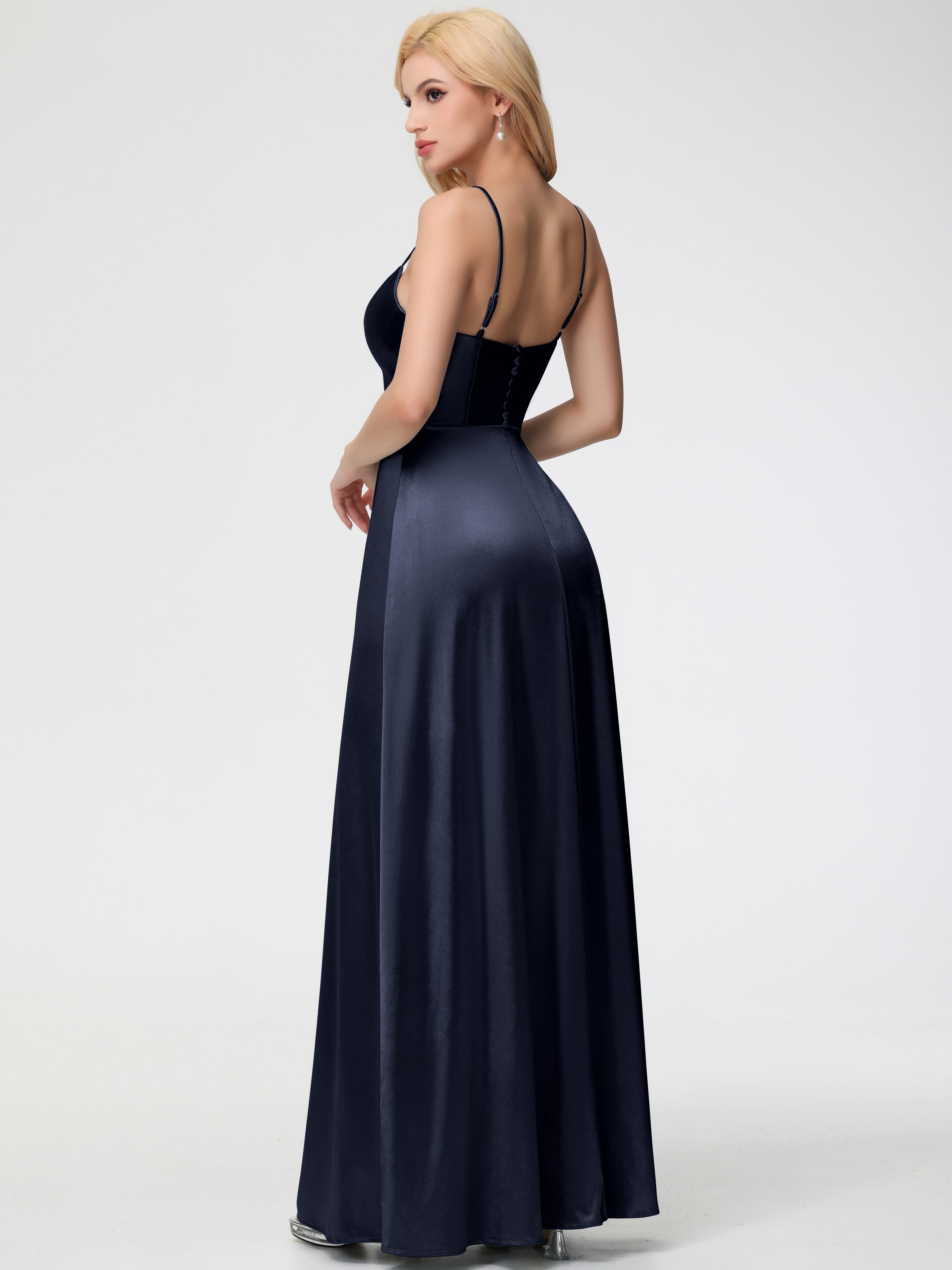 Demoiselle D'Honneur Bleu Marine Bretelles Spaghetti Col Carré Fendue Trapèze Satin Extensible Robe De Demoiselle D'Honneur