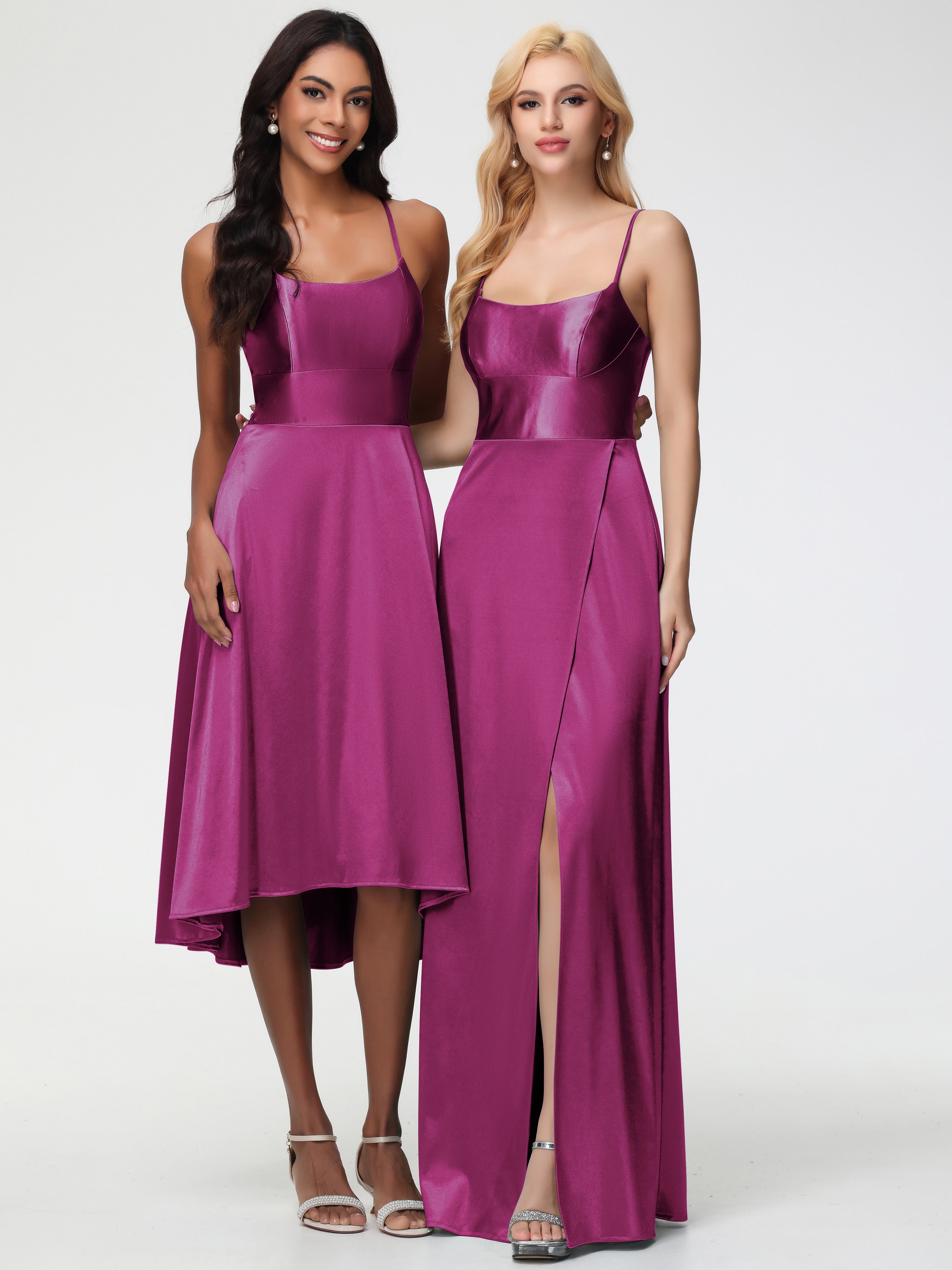 Robes De Demoiselle D'Honneur Rose Fuchsia Couleur Bretelles Spaghetti Col Carré Fendue Trapèze Satin Extensible Robe De Demoiselle D'Honneur