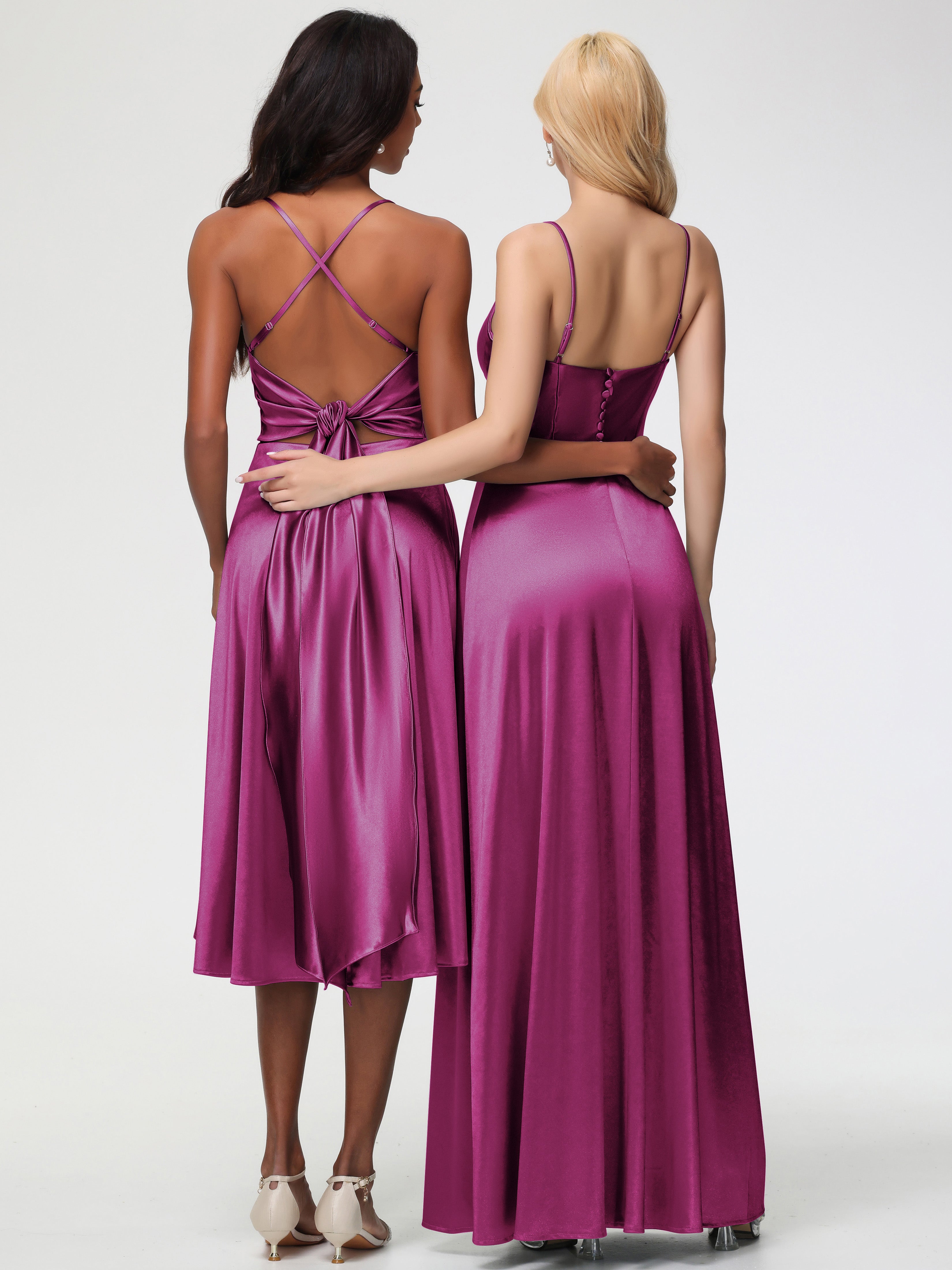 Robes De Demoiselle D'Honneur Rose Fuchsia Couleur Bretelles Spaghetti Col Carré Fendue Trapèze Satin Extensible Robe De Demoiselle D'Honneur