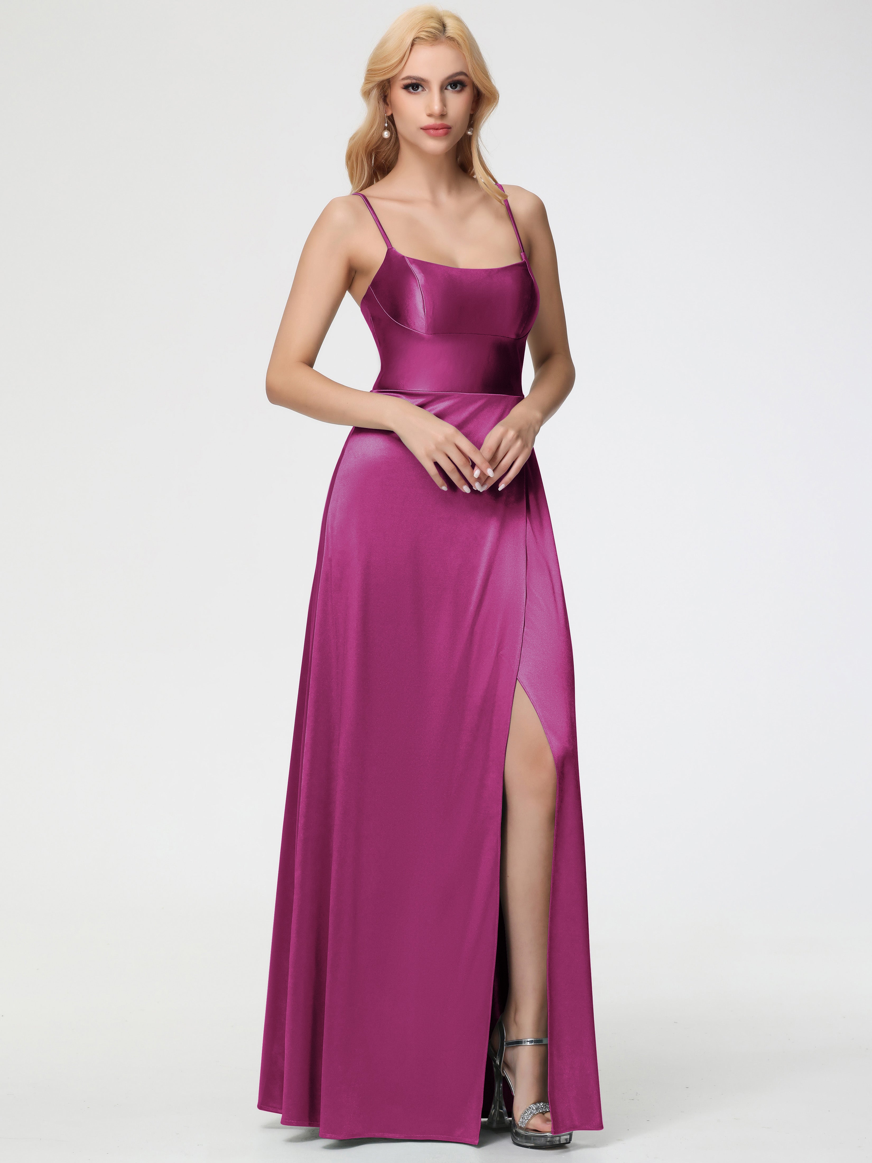 Robes De Demoiselle D'Honneur Rose Fuchsia Couleur Bretelles Spaghetti Col Carré Fendue Trapèze Satin Extensible Robe De Demoiselle D'Honneur