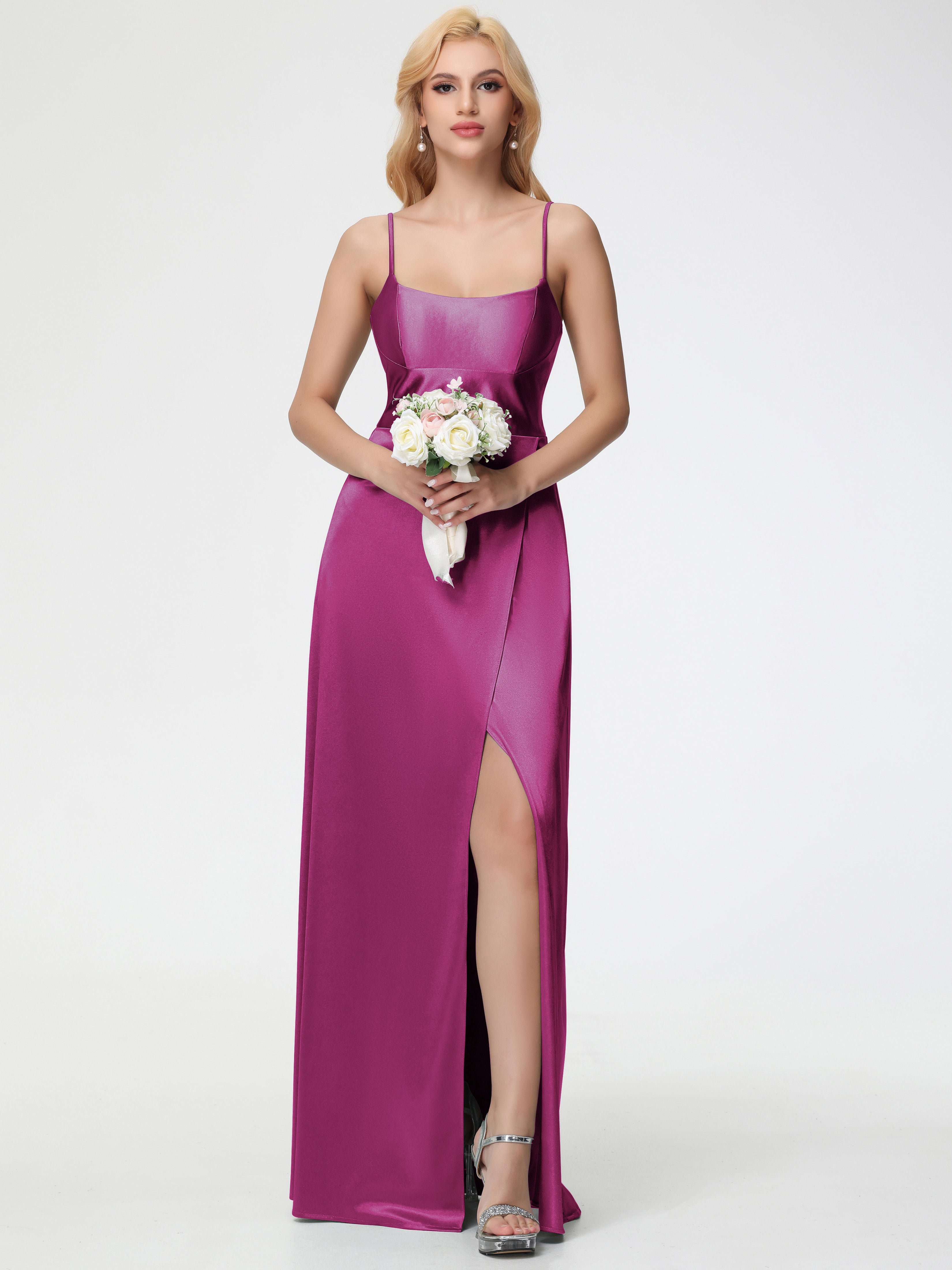 Robes De Demoiselle D'Honneur Rose Fuchsia Couleur Bretelles Spaghetti Col Carré Fendue Trapèze Satin Extensible Robe De Demoiselle D'Honneur