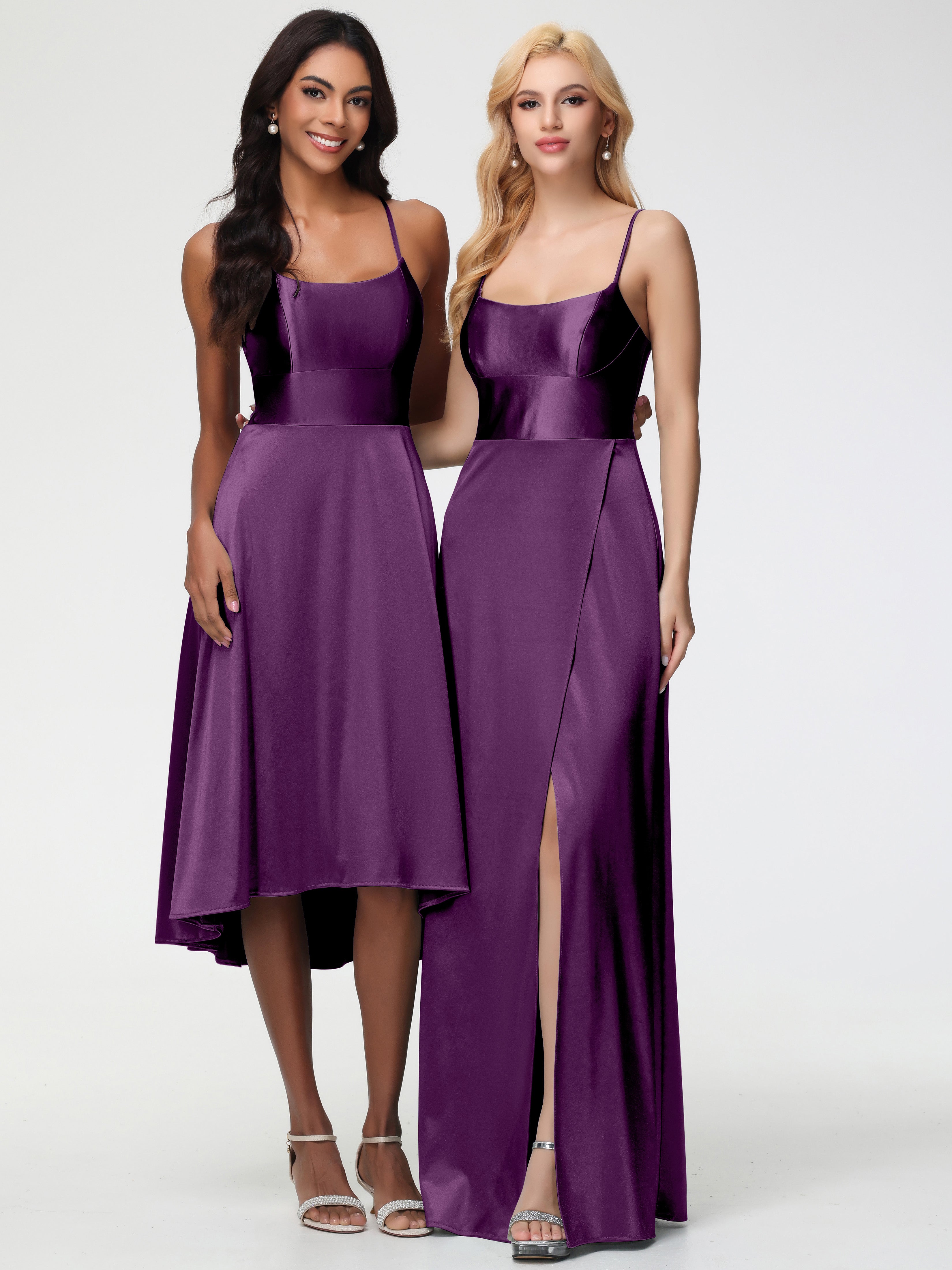 Robes De Demoiselle D'Honneur En Raisin Bretelles Spaghetti Col Carré Fendue Trapèze Satin Extensible Robe De Demoiselle D'Honneur