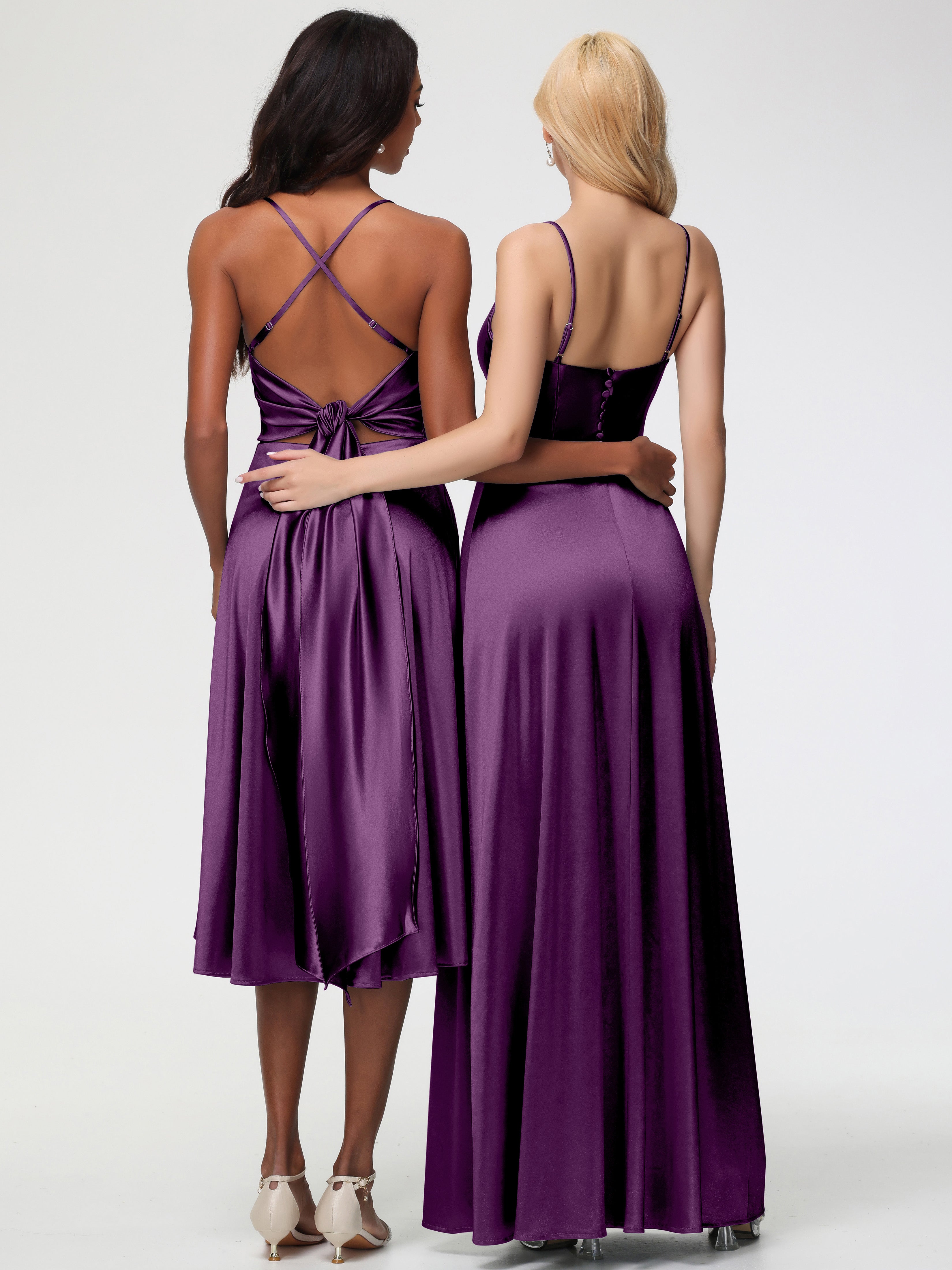 Robes De Demoiselle D'Honneur En Raisin Bretelles Spaghetti Col Carré Fendue Trapèze Satin Extensible Robe De Demoiselle D'Honneur