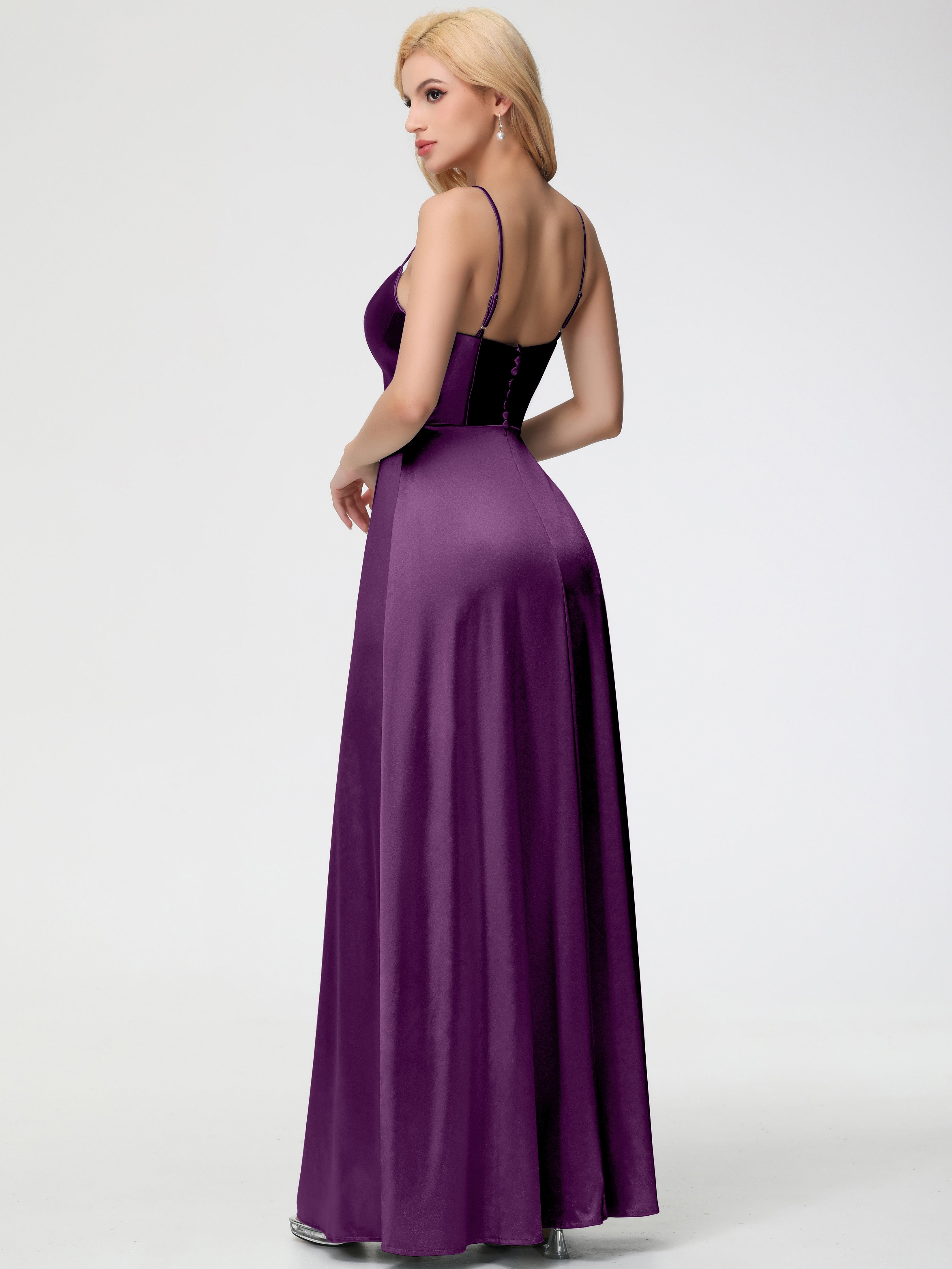 Robes De Demoiselle D'Honneur En Raisin Bretelles Spaghetti Col Carré Fendue Trapèze Satin Extensible Robe De Demoiselle D'Honneur