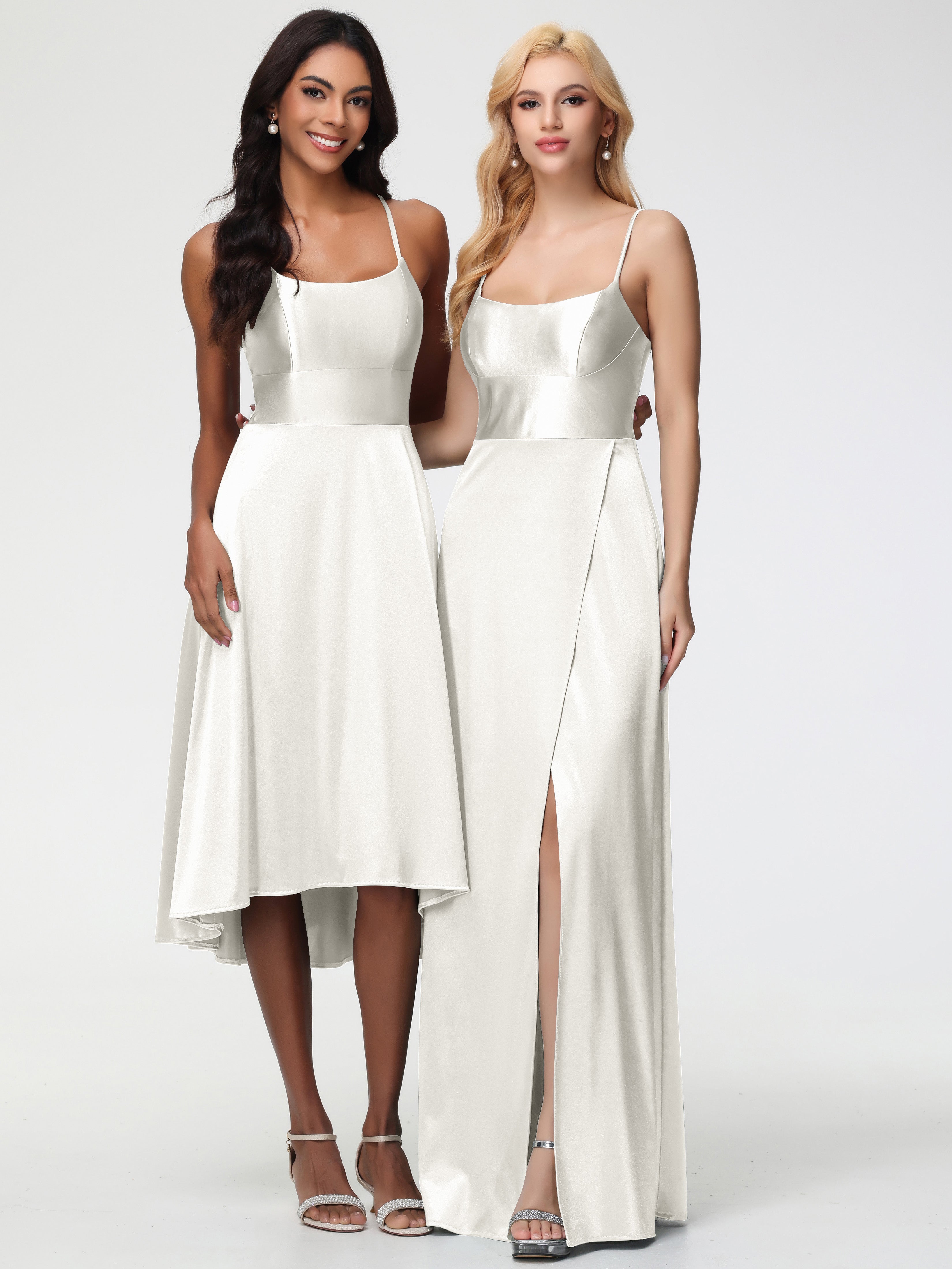 Robes De Demoiselle D'Honneur Ivoire Bretelles Spaghetti Col Carré Fendue Trapèze Satin Extensible Robe De Demoiselle D'Honneur