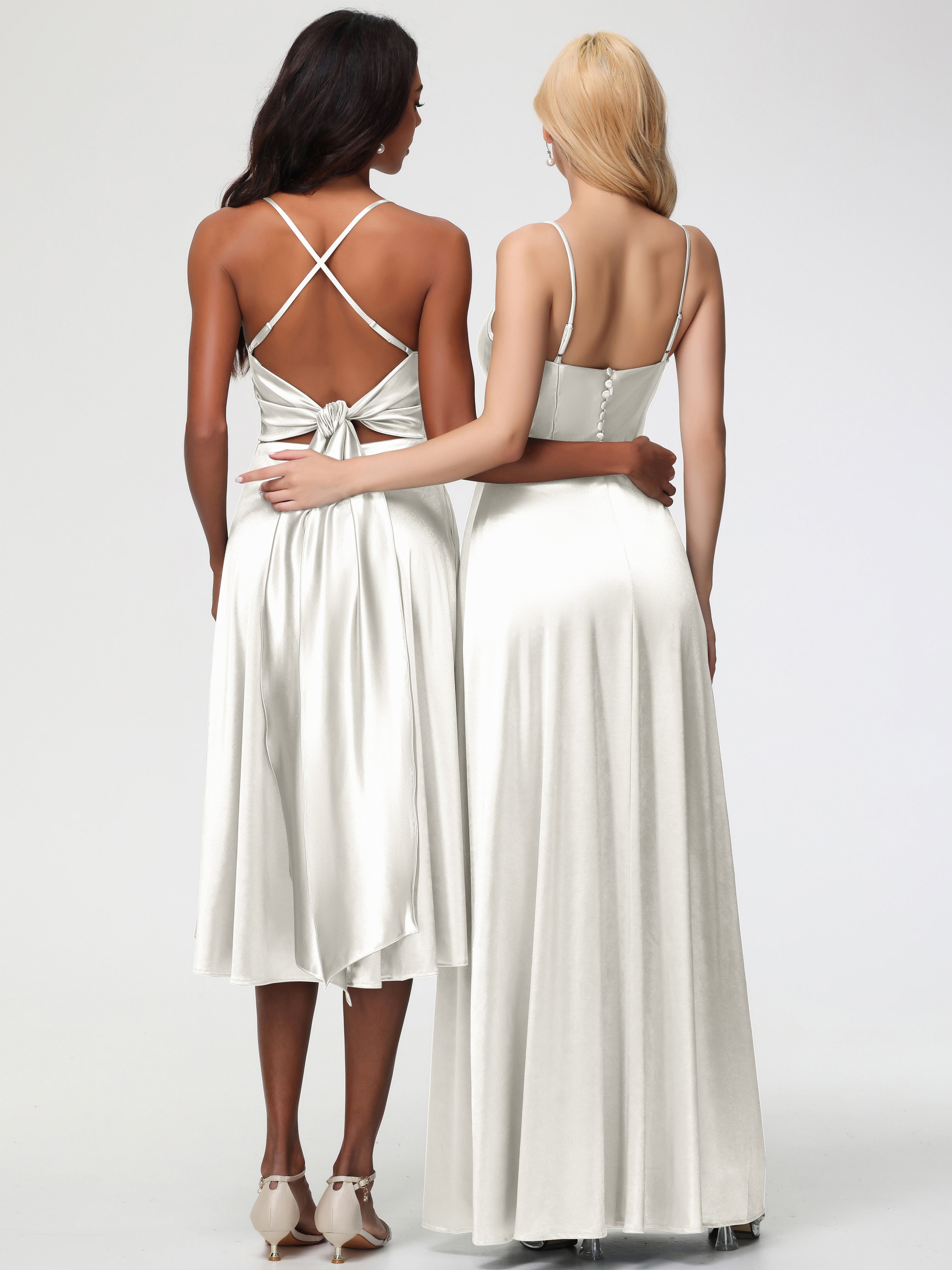 Robes De Demoiselle D'Honneur Ivoire Bretelles Spaghetti Col Carré Fendue Trapèze Satin Extensible Robe De Demoiselle D'Honneur