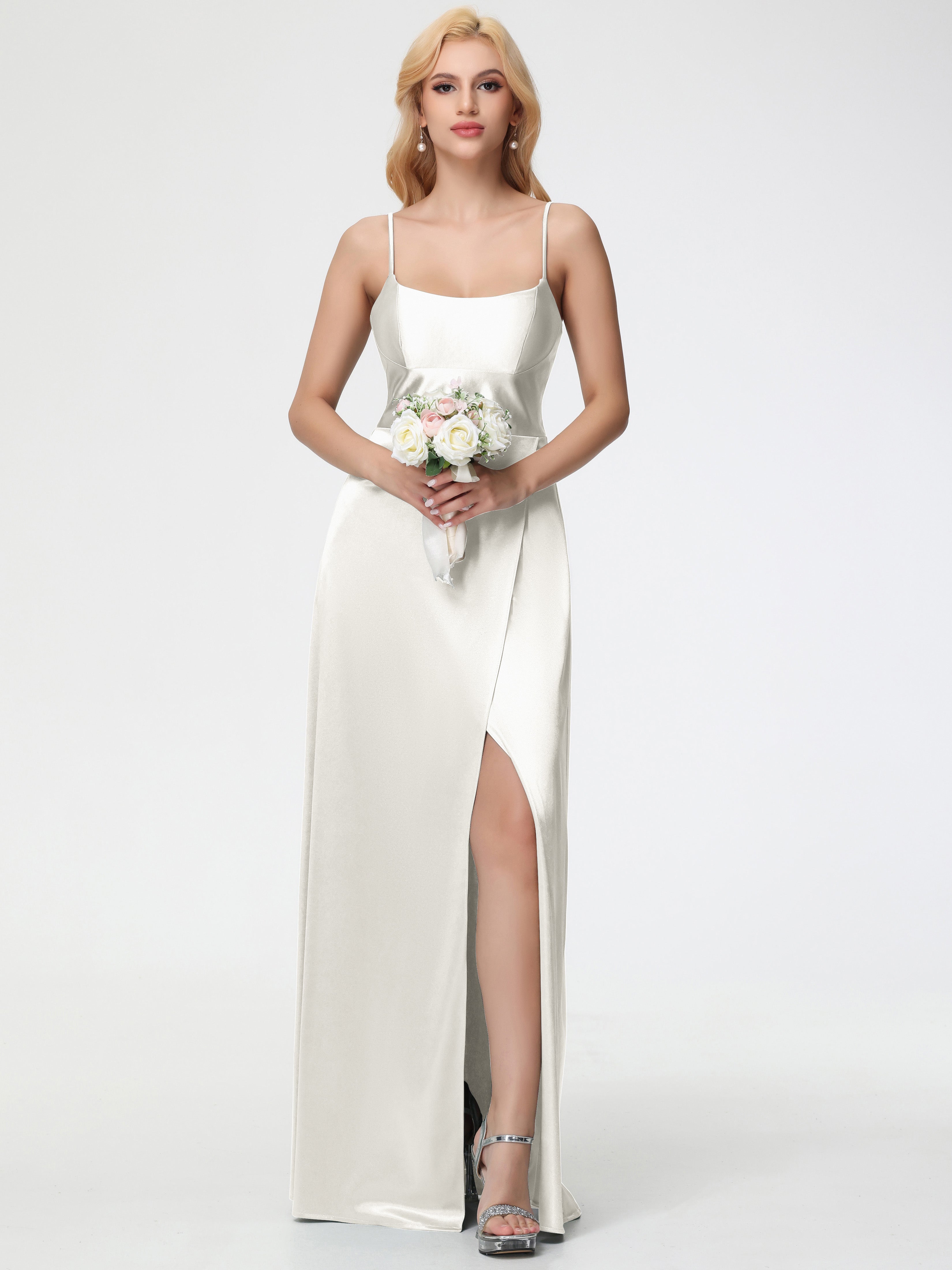 Robes De Demoiselle D'Honneur Ivoire Bretelles Spaghetti Col Carré Fendue Trapèze Satin Extensible Robe De Demoiselle D'Honneur