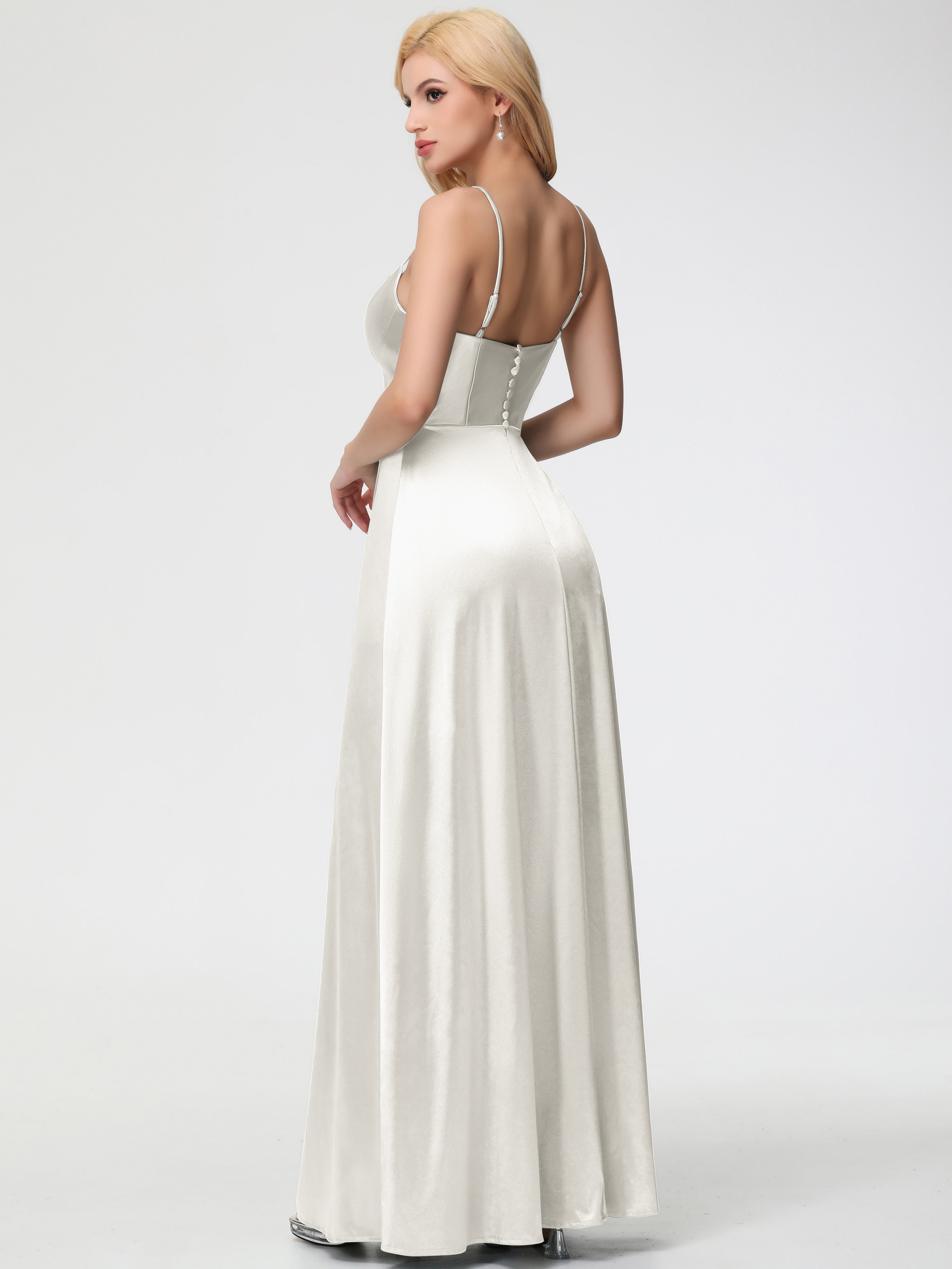 Robes De Demoiselle D'Honneur Ivoire Bretelles Spaghetti Col Carré Fendue Trapèze Satin Extensible Robe De Demoiselle D'Honneur