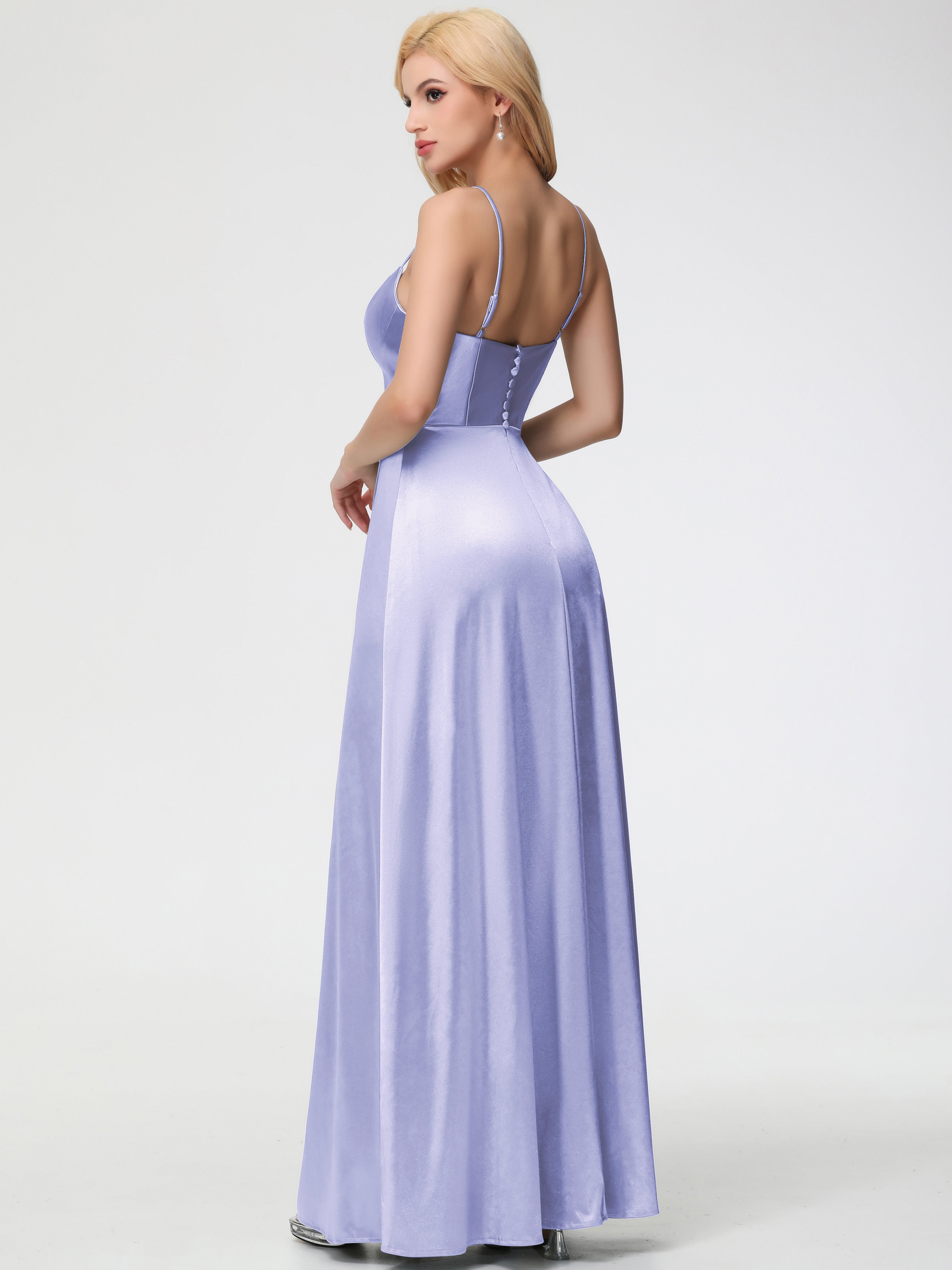 Robes De Demoiselle D'Honneur Lavande Pas Cher Bretelles Spaghetti Col Carré Fendue Trapèze Satin Extensible Robe De Demoiselle D'Honneur