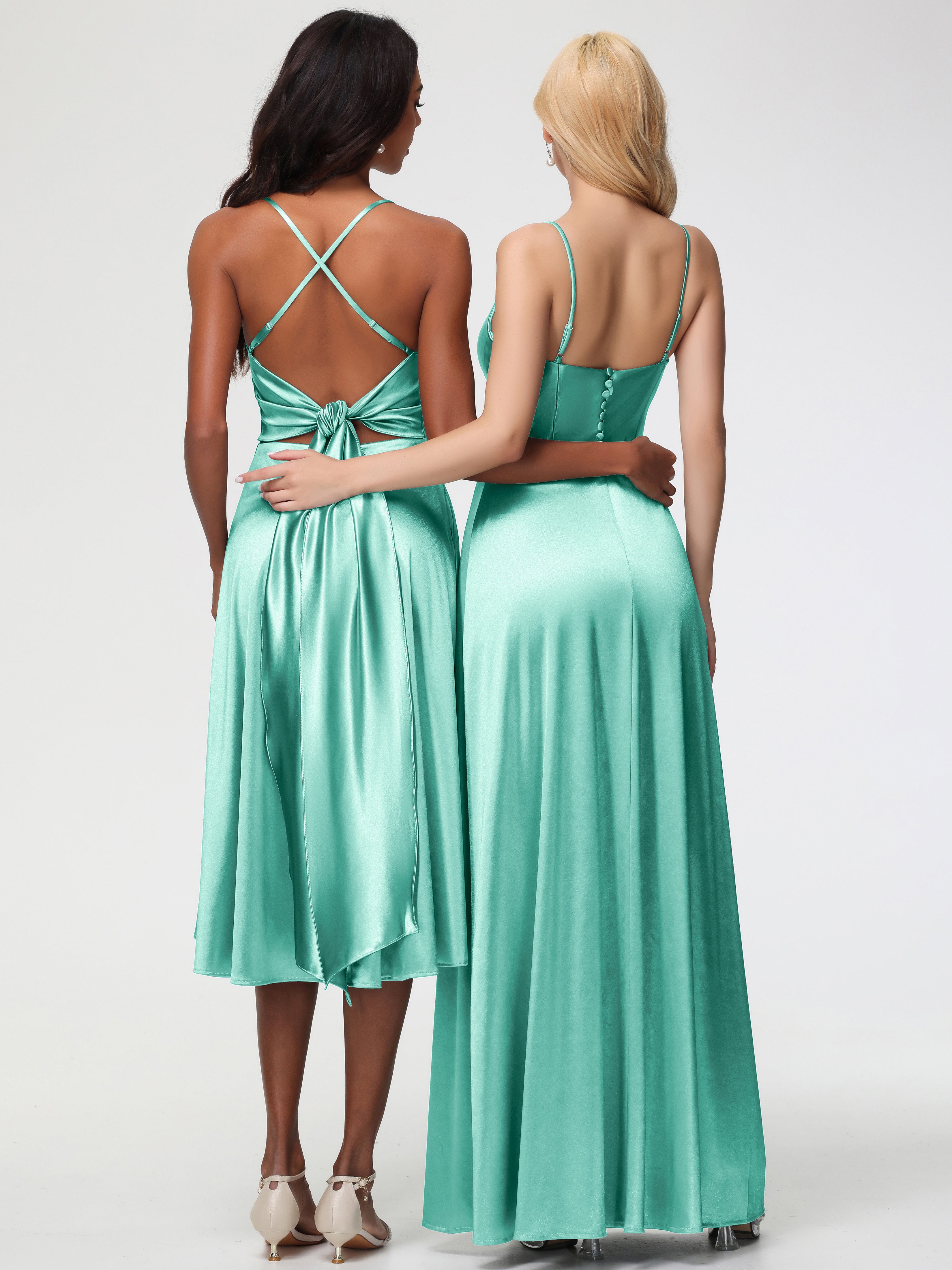 Robes De Demoiselle D'Honneur Vert Menthe Bretelles Spaghetti Col Carré Fendue Trapèze Satin Extensible Robe De Demoiselle D'Honneur