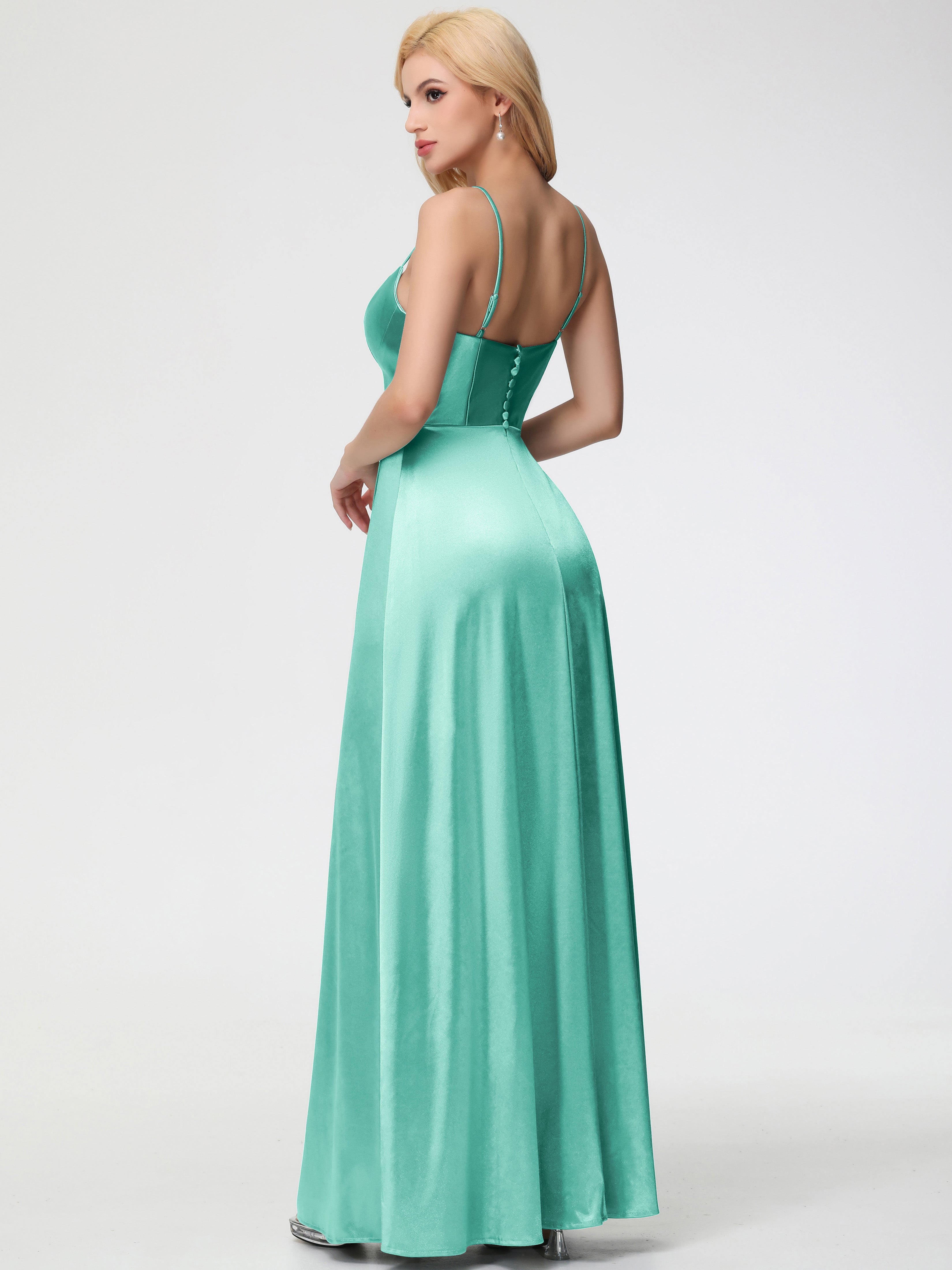 Robes De Demoiselle D'Honneur Vert Menthe Bretelles Spaghetti Col Carré Fendue Trapèze Satin Extensible Robe De Demoiselle D'Honneur