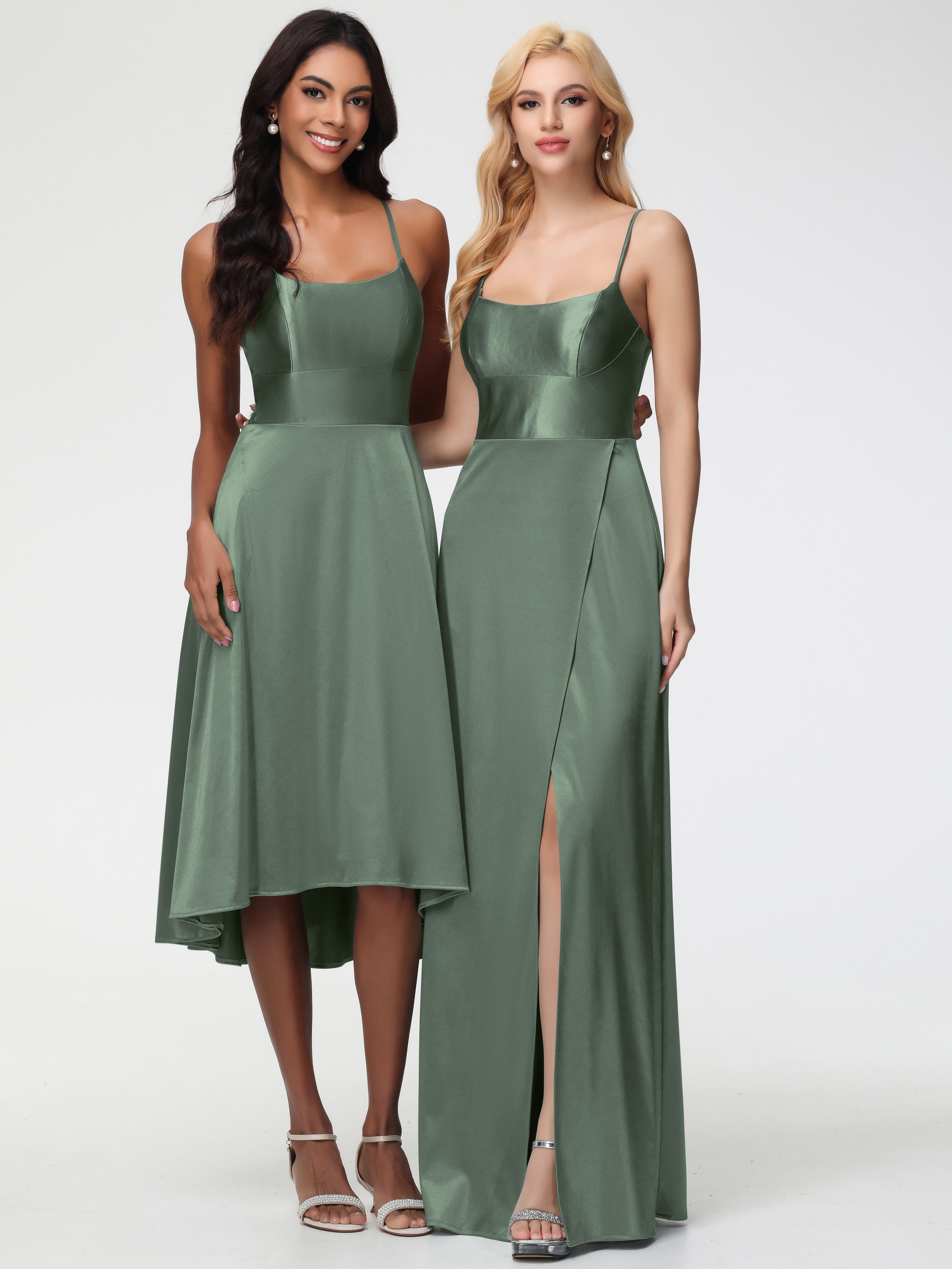 Robes De Demoiselle D'Honneur Olive Bretelles Spaghetti Col Carré Fendue Trapèze Satin Extensible Robe De Demoiselle D'Honneur
