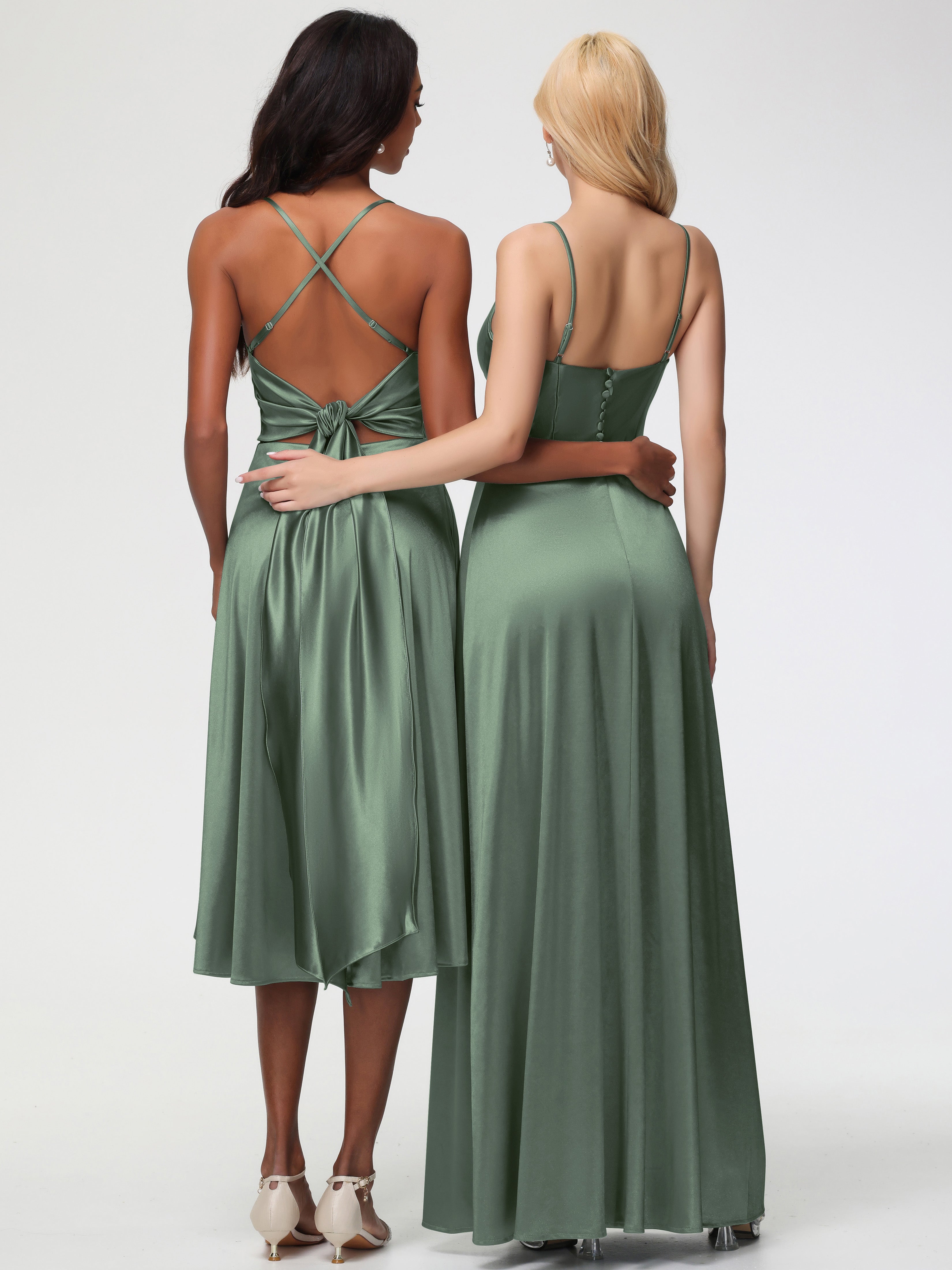 Robes De Demoiselle D'Honneur Olive Bretelles Spaghetti Col Carré Fendue Trapèze Satin Extensible Robe De Demoiselle D'Honneur