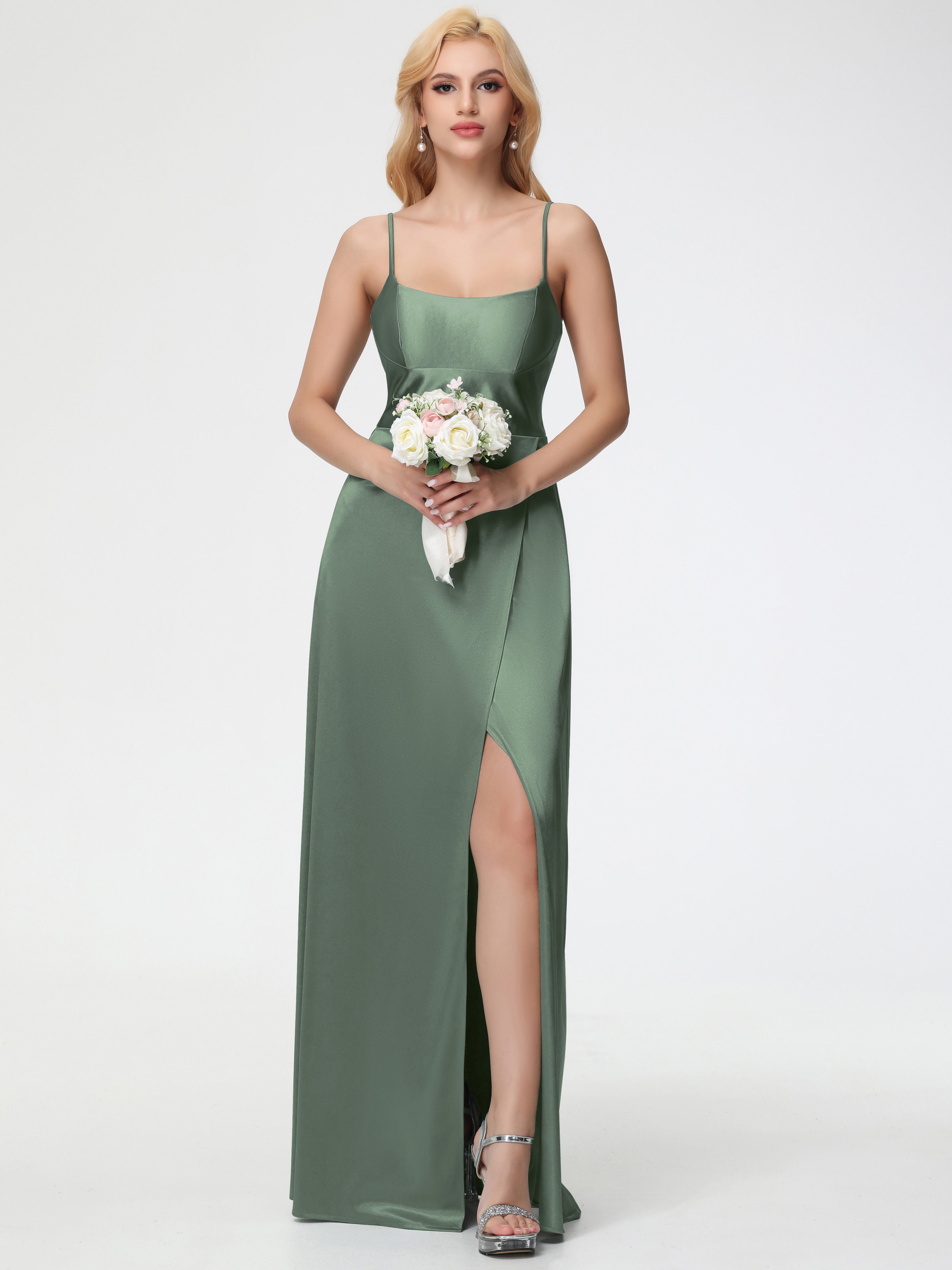Robes De Demoiselle D'Honneur Olive Bretelles Spaghetti Col Carré Fendue Trapèze Satin Extensible Robe De Demoiselle D'Honneur