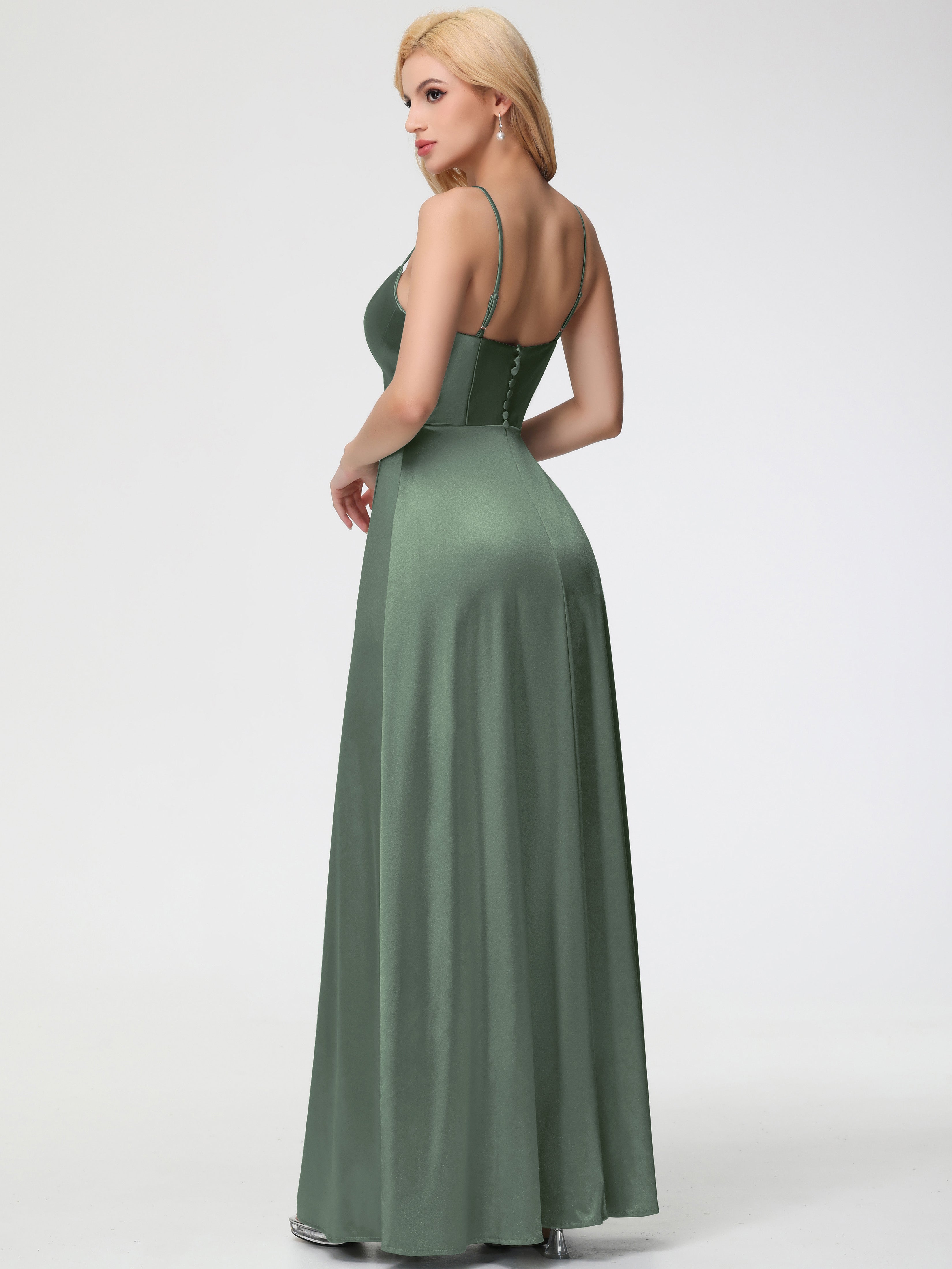 Robes De Demoiselle D'Honneur Olive Bretelles Spaghetti Col Carré Fendue Trapèze Satin Extensible Robe De Demoiselle D'Honneur