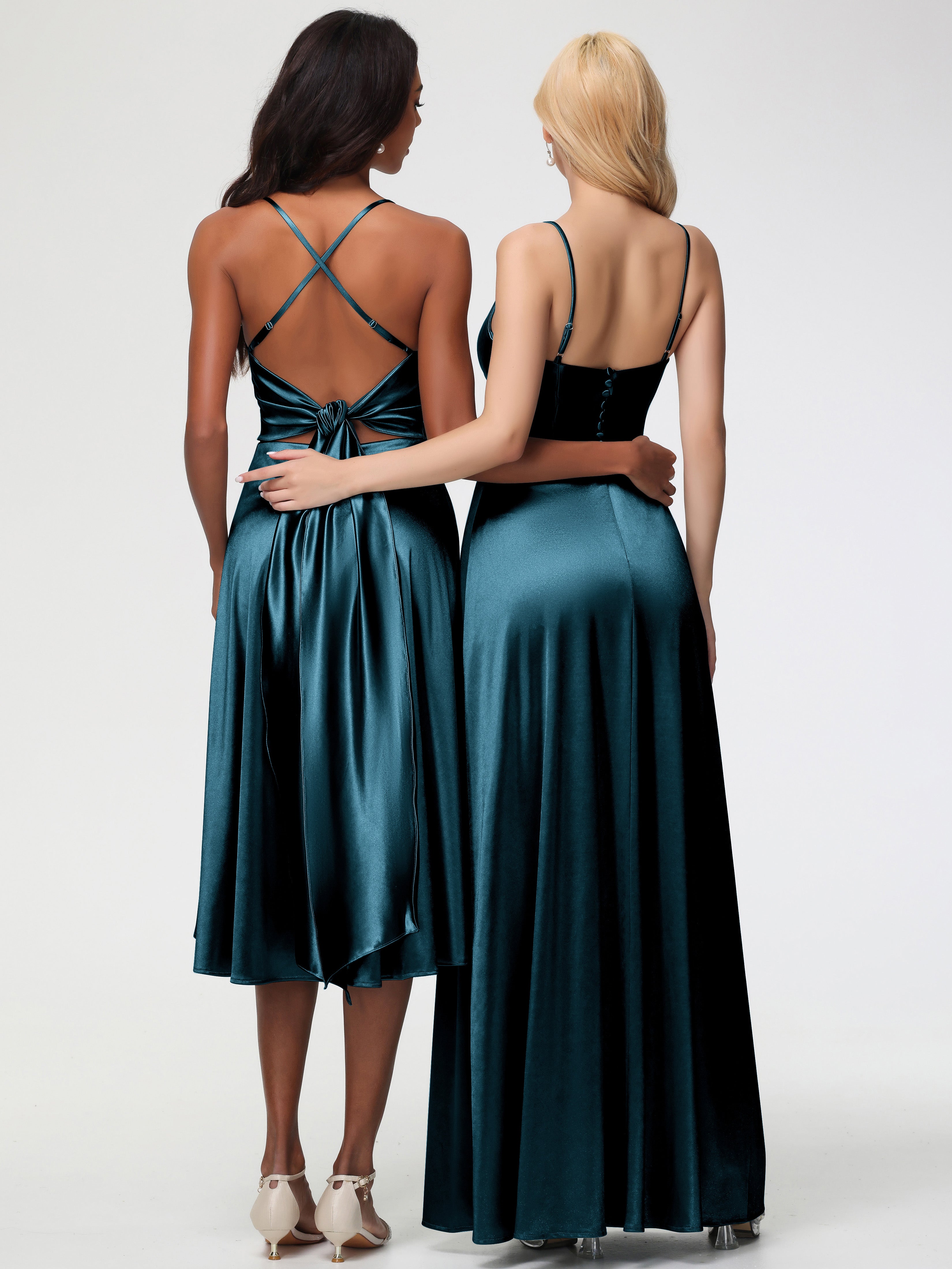 Robes De Demoiselle D'Honneur Paon Bretelles Spaghetti Col Carré Fendue Trapèze Satin Extensible Robe De Demoiselle D'Honneur