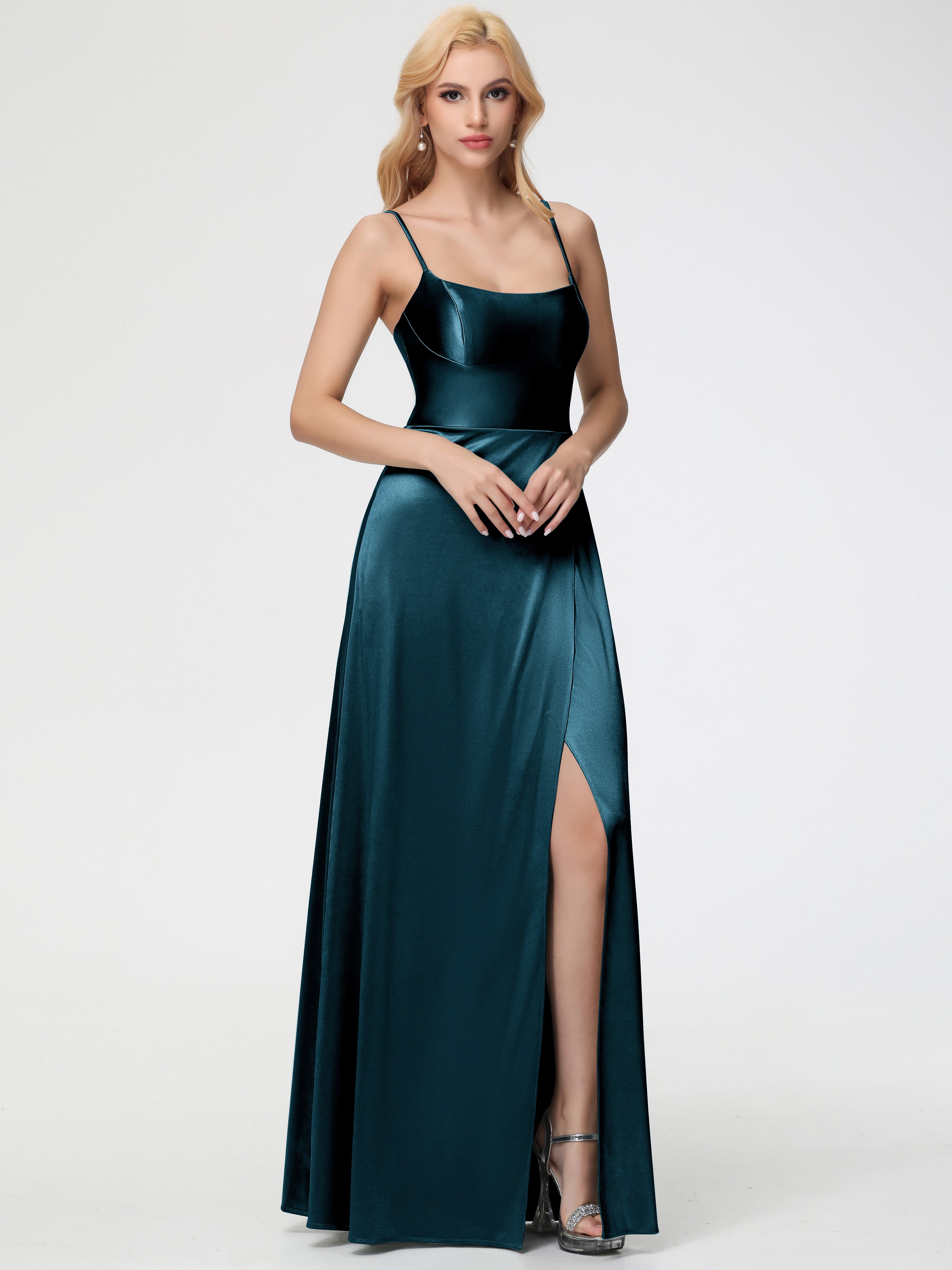 Robes De Demoiselle D'Honneur Paon Bretelles Spaghetti Col Carré Fendue Trapèze Satin Extensible Robe De Demoiselle D'Honneur