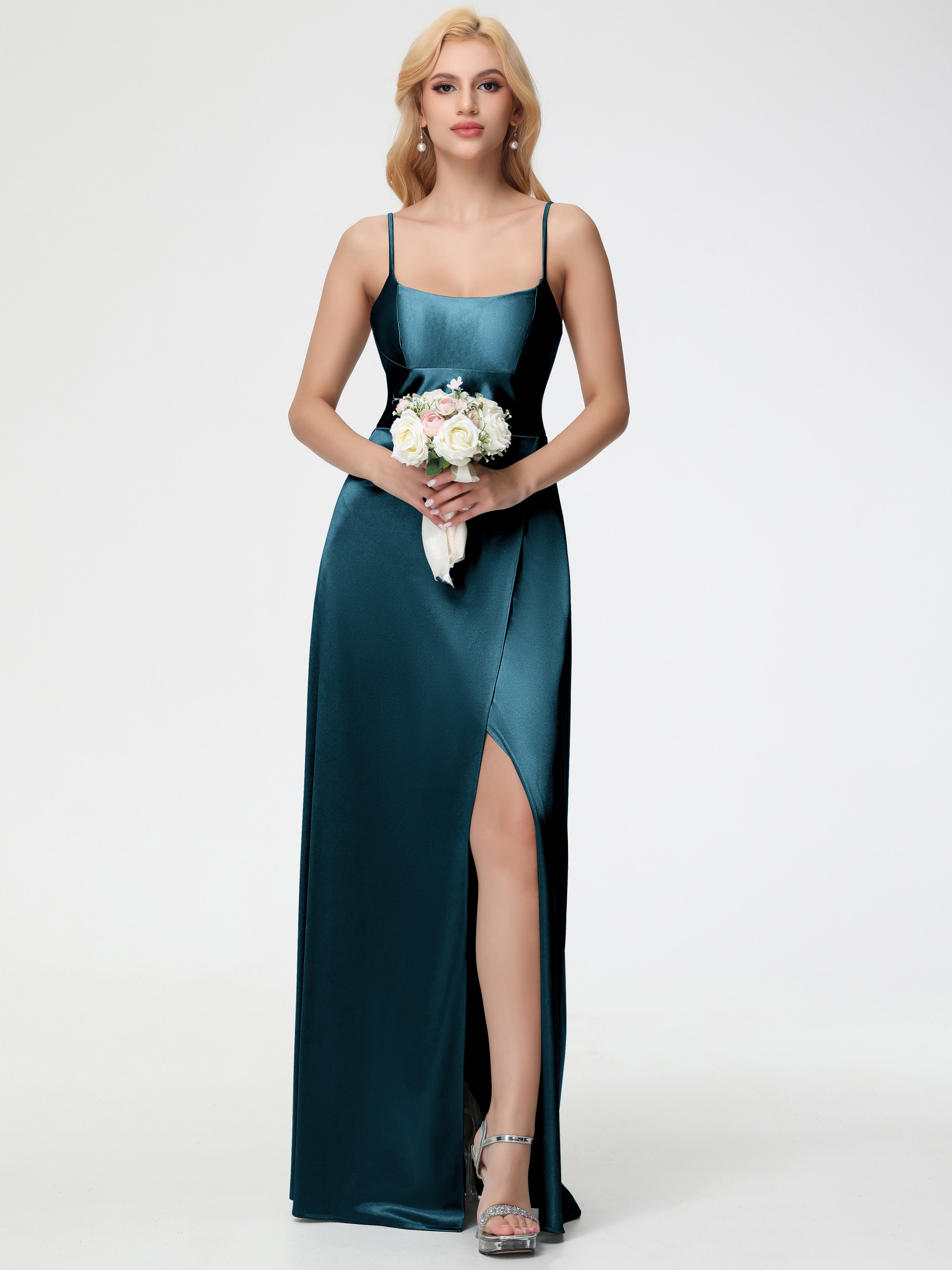 Robes De Demoiselle D'Honneur Paon Bretelles Spaghetti Col Carré Fendue Trapèze Satin Extensible Robe De Demoiselle D'Honneur
