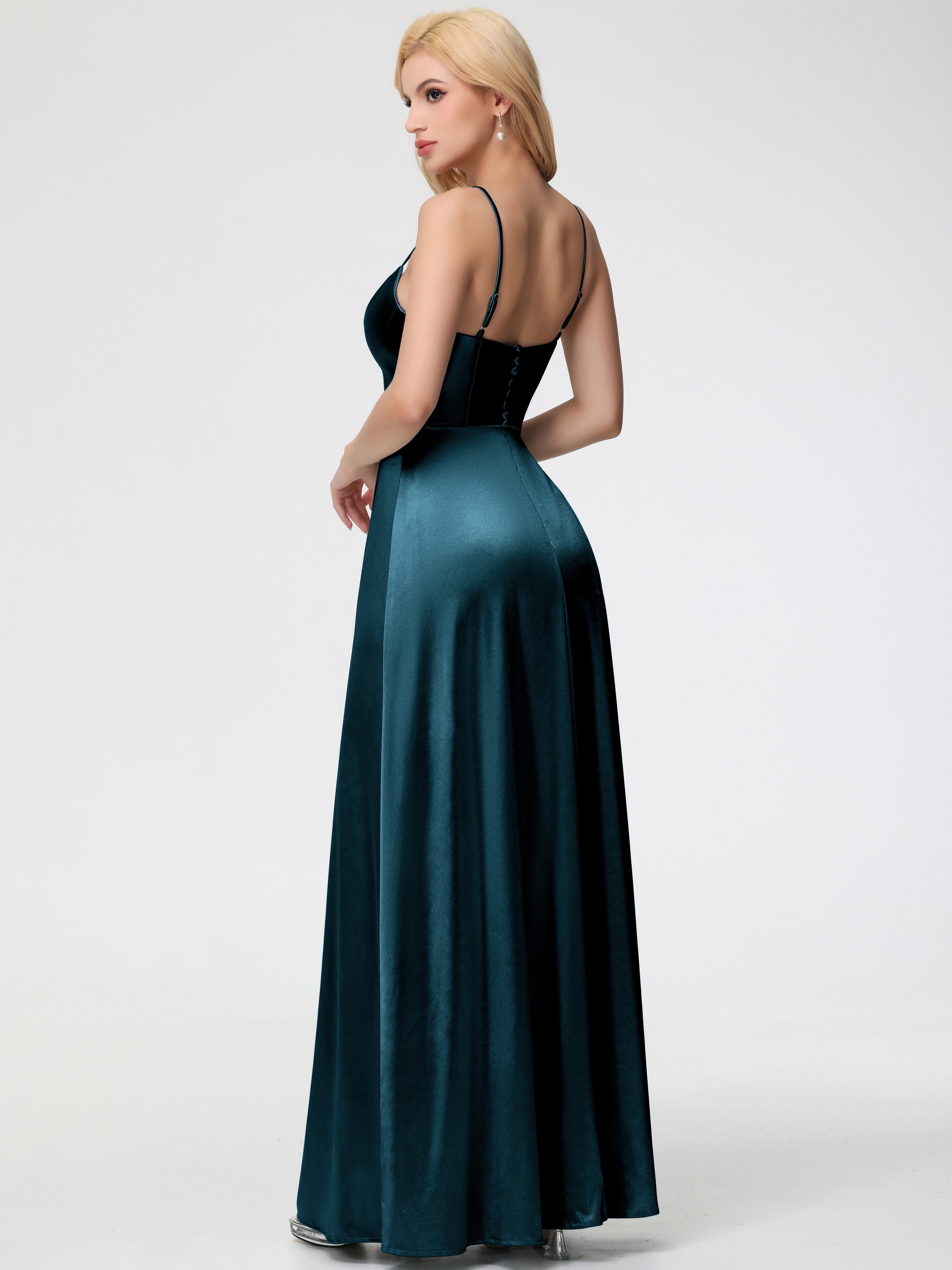 Robes De Demoiselle D'Honneur Paon Bretelles Spaghetti Col Carré Fendue Trapèze Satin Extensible Robe De Demoiselle D'Honneur