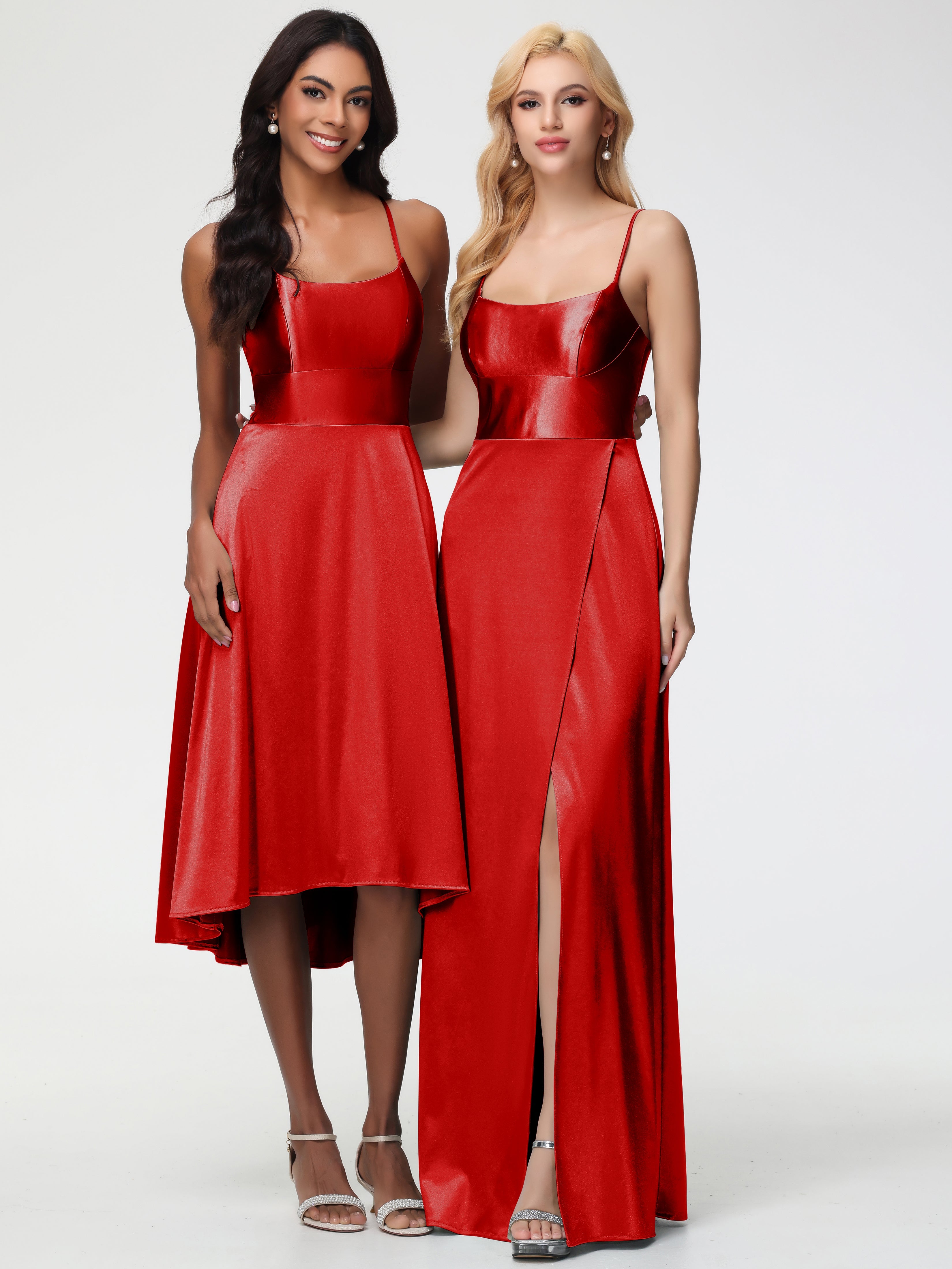 Robe De Demoiselle D Honneur Rouge Pas Cher Bretelles Spaghetti Col Carré Fendue Trapèze Satin Extensible Robe De Demoiselle D'Honneur