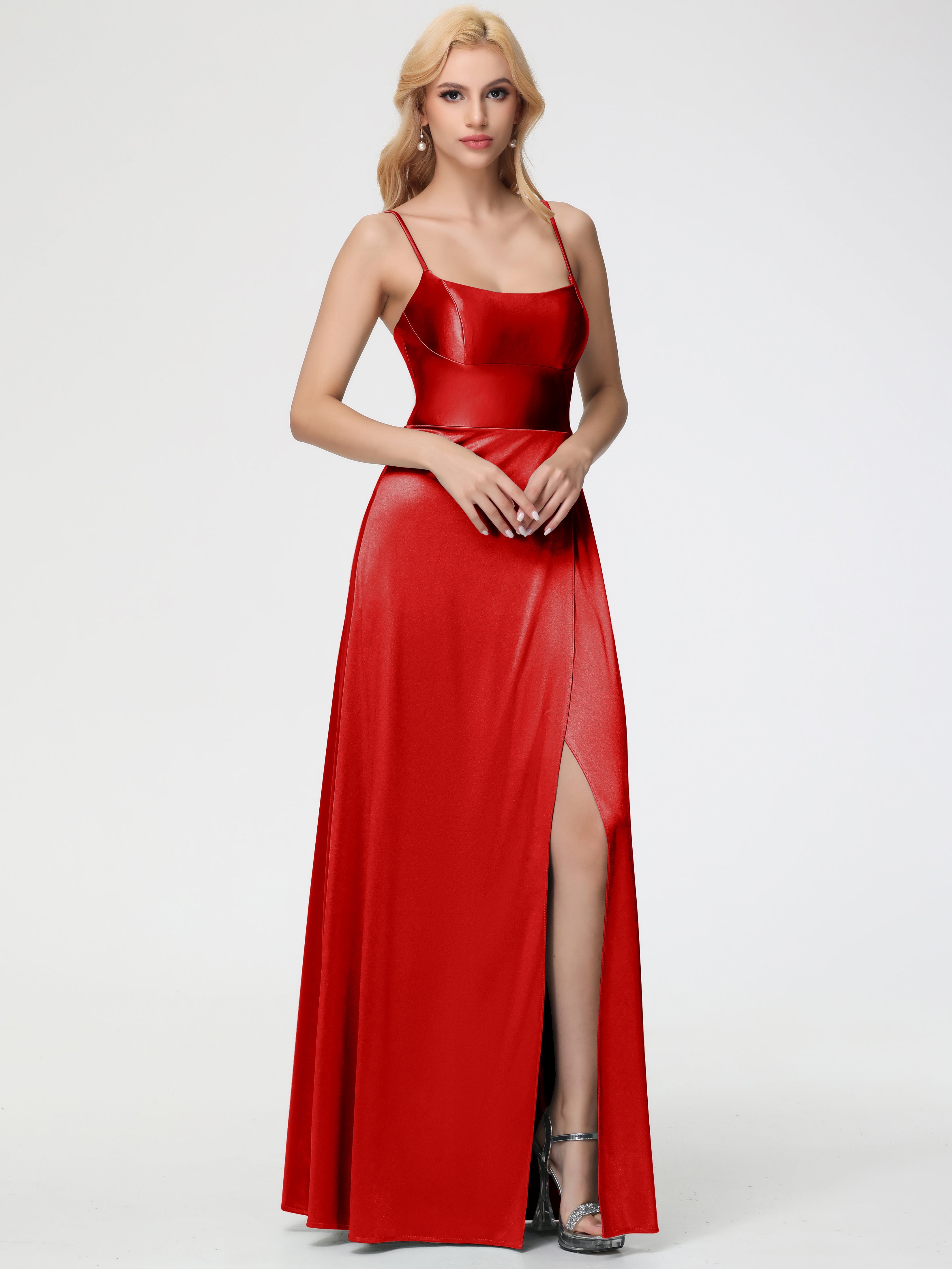 Robe De Demoiselle D Honneur Rouge Pas Cher Bretelles Spaghetti Col Carré Fendue Trapèze Satin Extensible Robe De Demoiselle D'Honneur