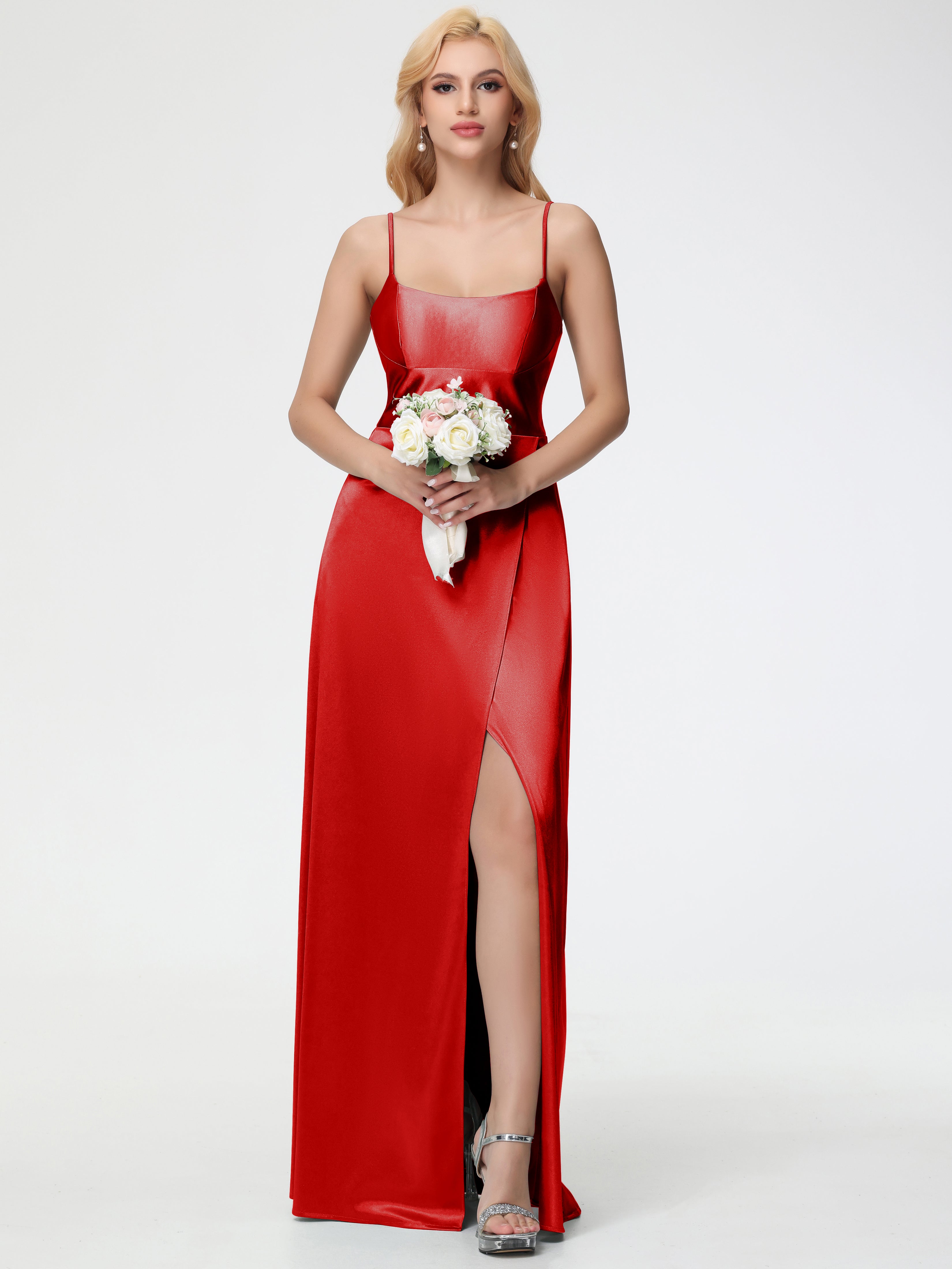 Robe De Demoiselle D Honneur Rouge Pas Cher Bretelles Spaghetti Col Carré Fendue Trapèze Satin Extensible Robe De Demoiselle D'Honneur