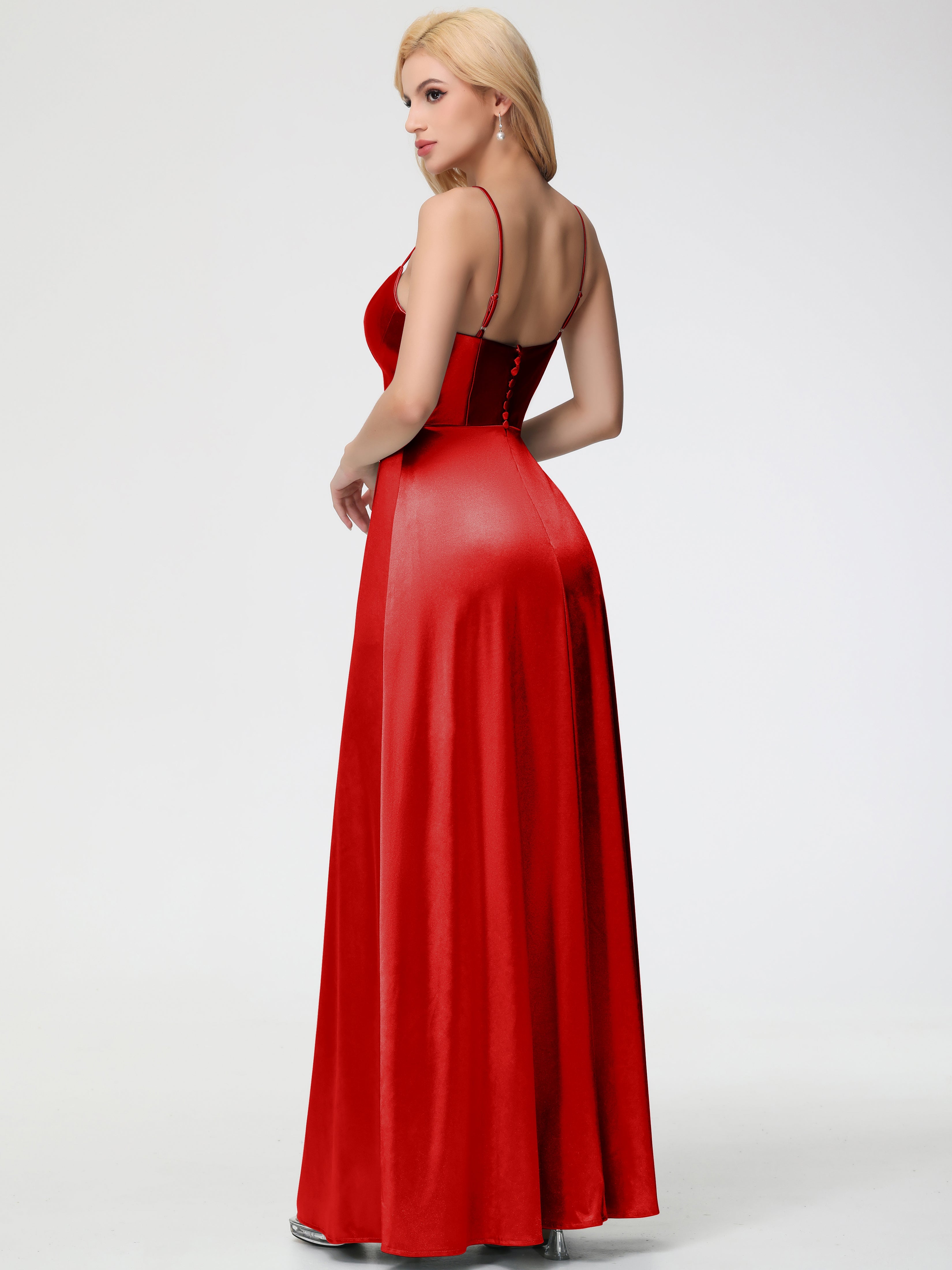 Robe De Demoiselle D Honneur Rouge Pas Cher Bretelles Spaghetti Col Carré Fendue Trapèze Satin Extensible Robe De Demoiselle D'Honneur