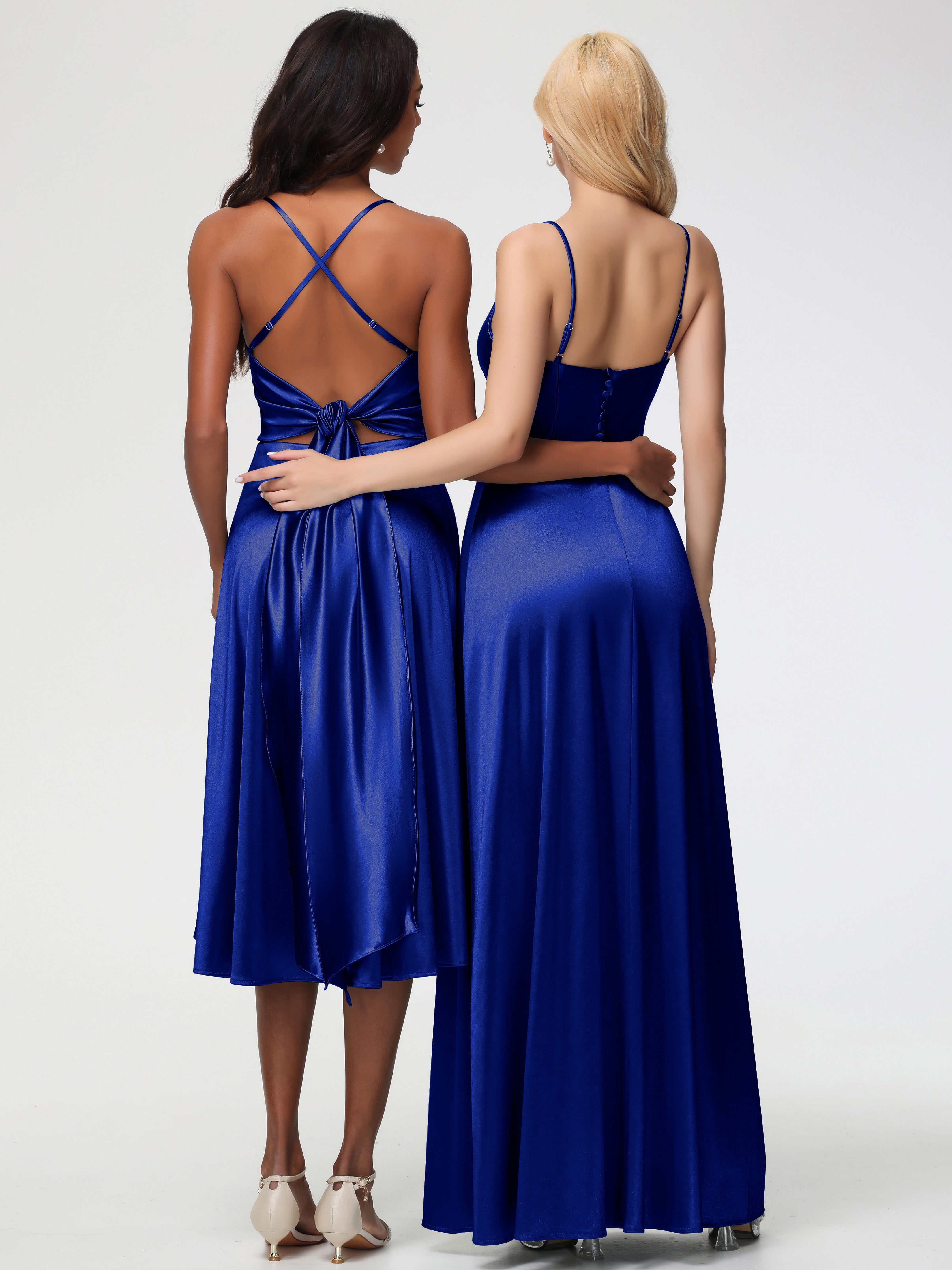 Robes De Demoiselle D'Honneur Bleu Royal Pas Cher Bretelles Spaghetti Col Carré Fendue Trapèze Satin Extensible Robe De Demoiselle D'Honneur