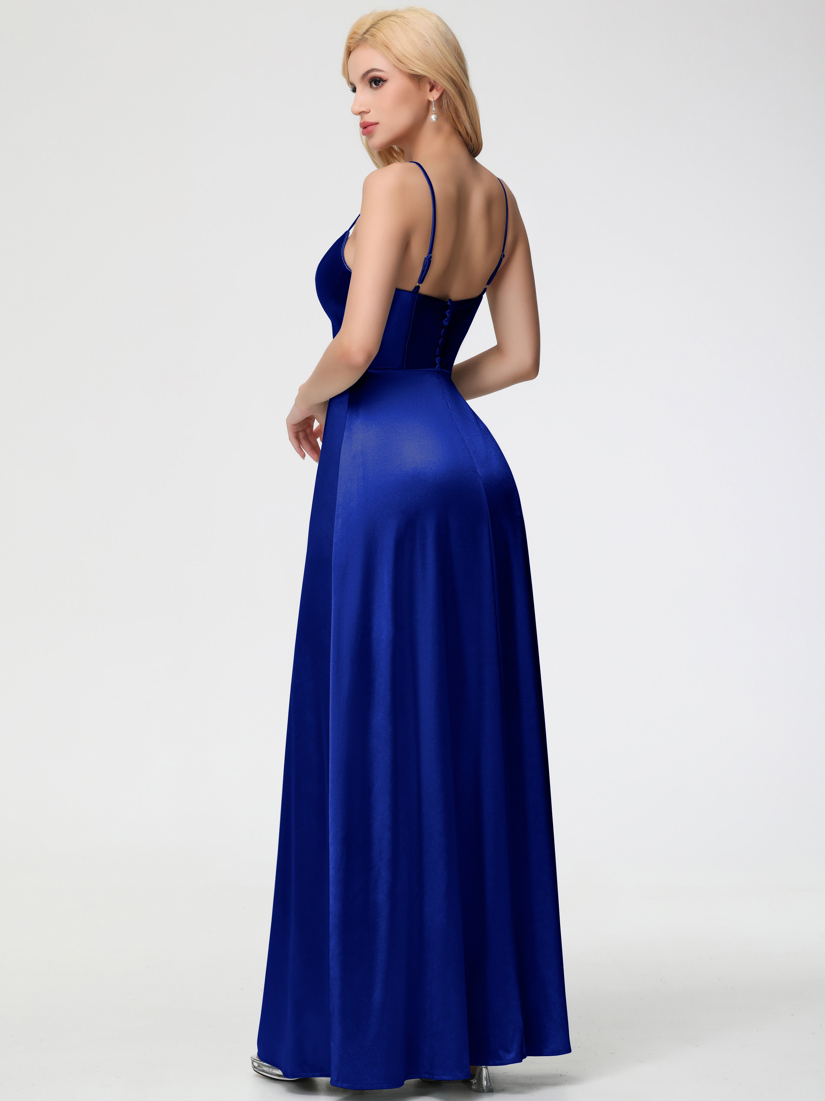 Robes De Demoiselle D'Honneur Bleu Royal Pas Cher Bretelles Spaghetti Col Carré Fendue Trapèze Satin Extensible Robe De Demoiselle D'Honneur