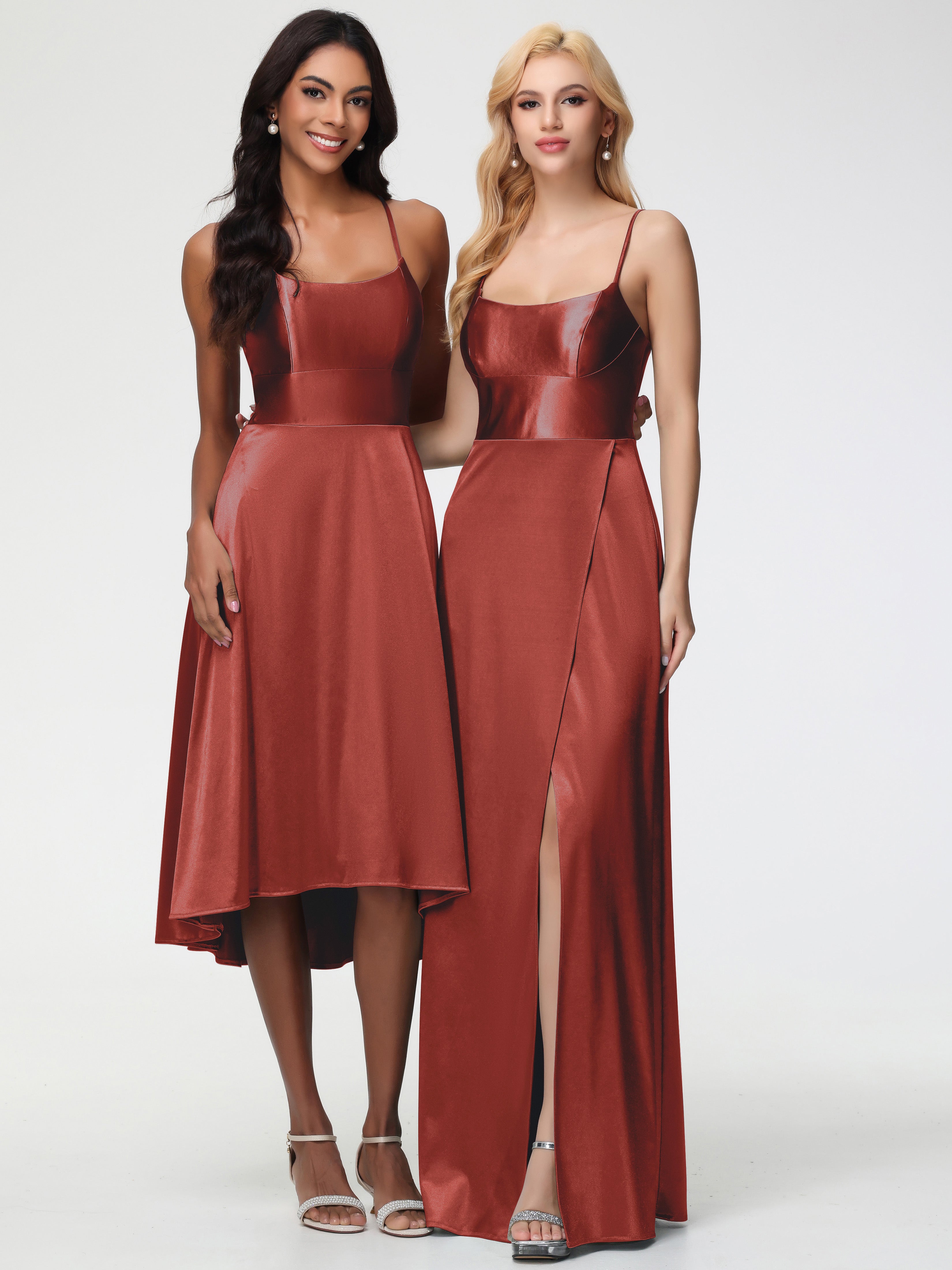 Demoiselle D'Honneur De Rouille Bretelles Spaghetti Col Carré Fendue Trapèze Satin Extensible Robe De Demoiselle D'Honneur