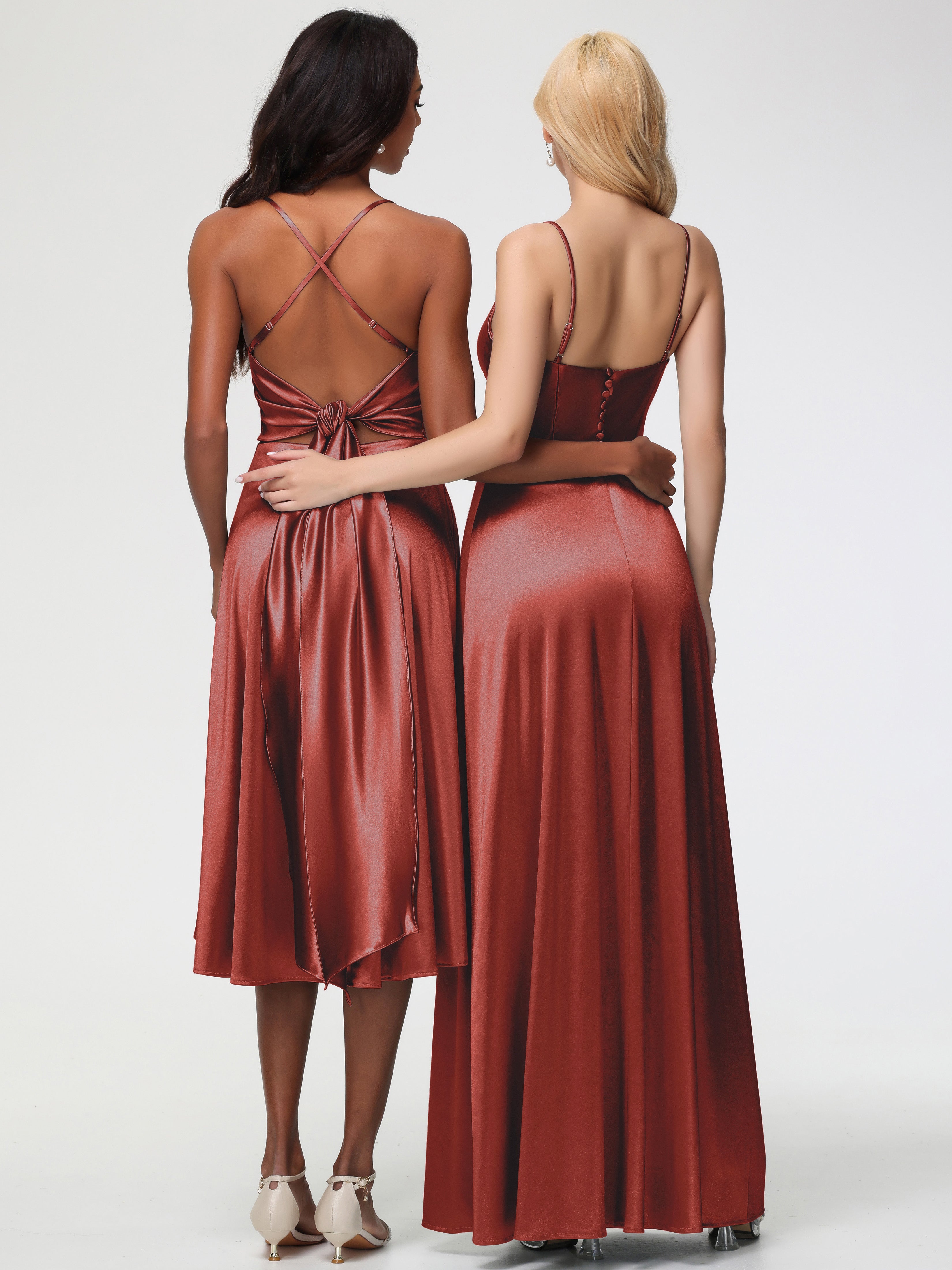 Demoiselle D'Honneur De Rouille Bretelles Spaghetti Col Carré Fendue Trapèze Satin Extensible Robe De Demoiselle D'Honneur