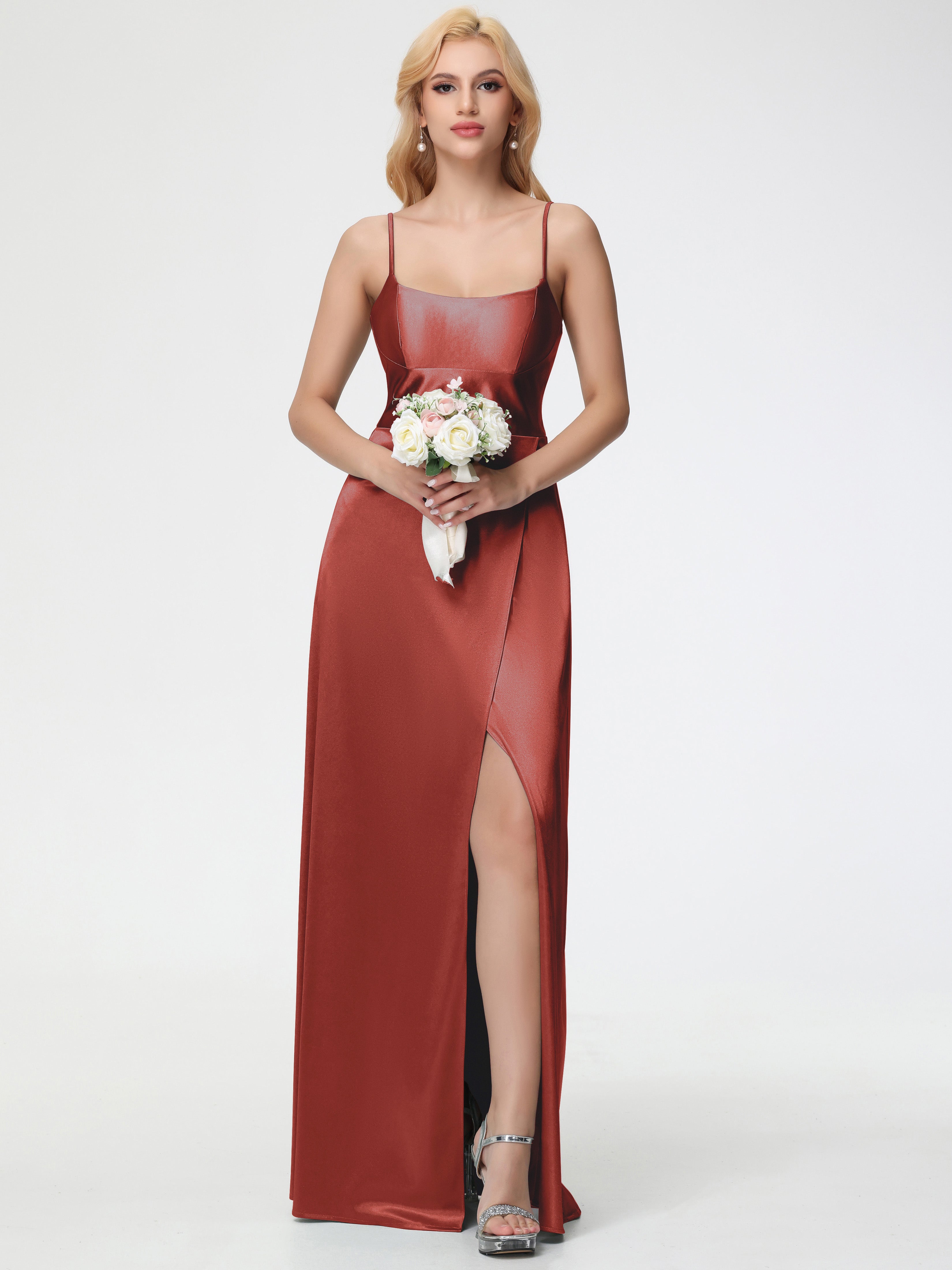 Demoiselle D'Honneur De Rouille Bretelles Spaghetti Col Carré Fendue Trapèze Satin Extensible Robe De Demoiselle D'Honneur