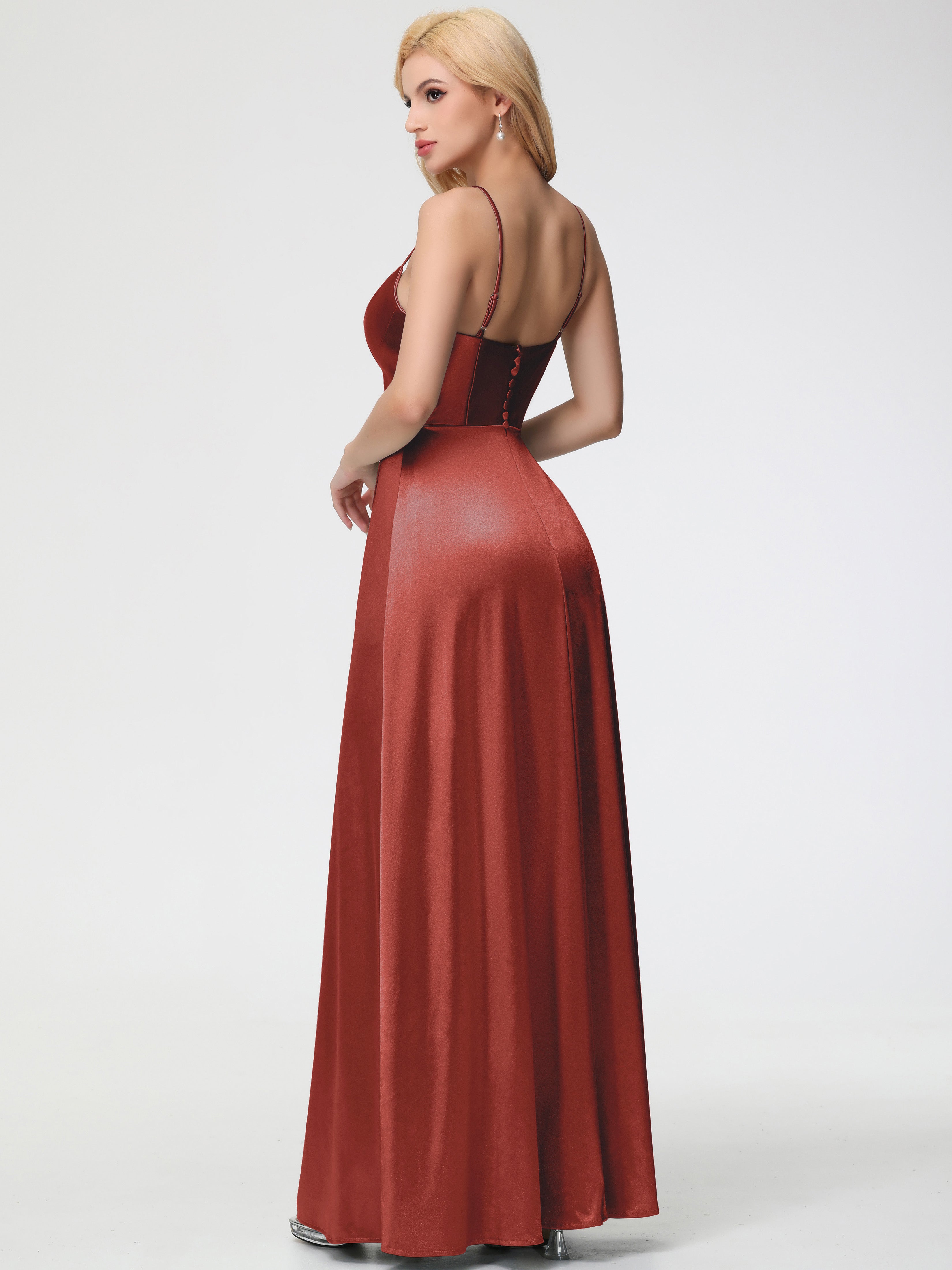 Demoiselle D'Honneur De Rouille Bretelles Spaghetti Col Carré Fendue Trapèze Satin Extensible Robe De Demoiselle D'Honneur