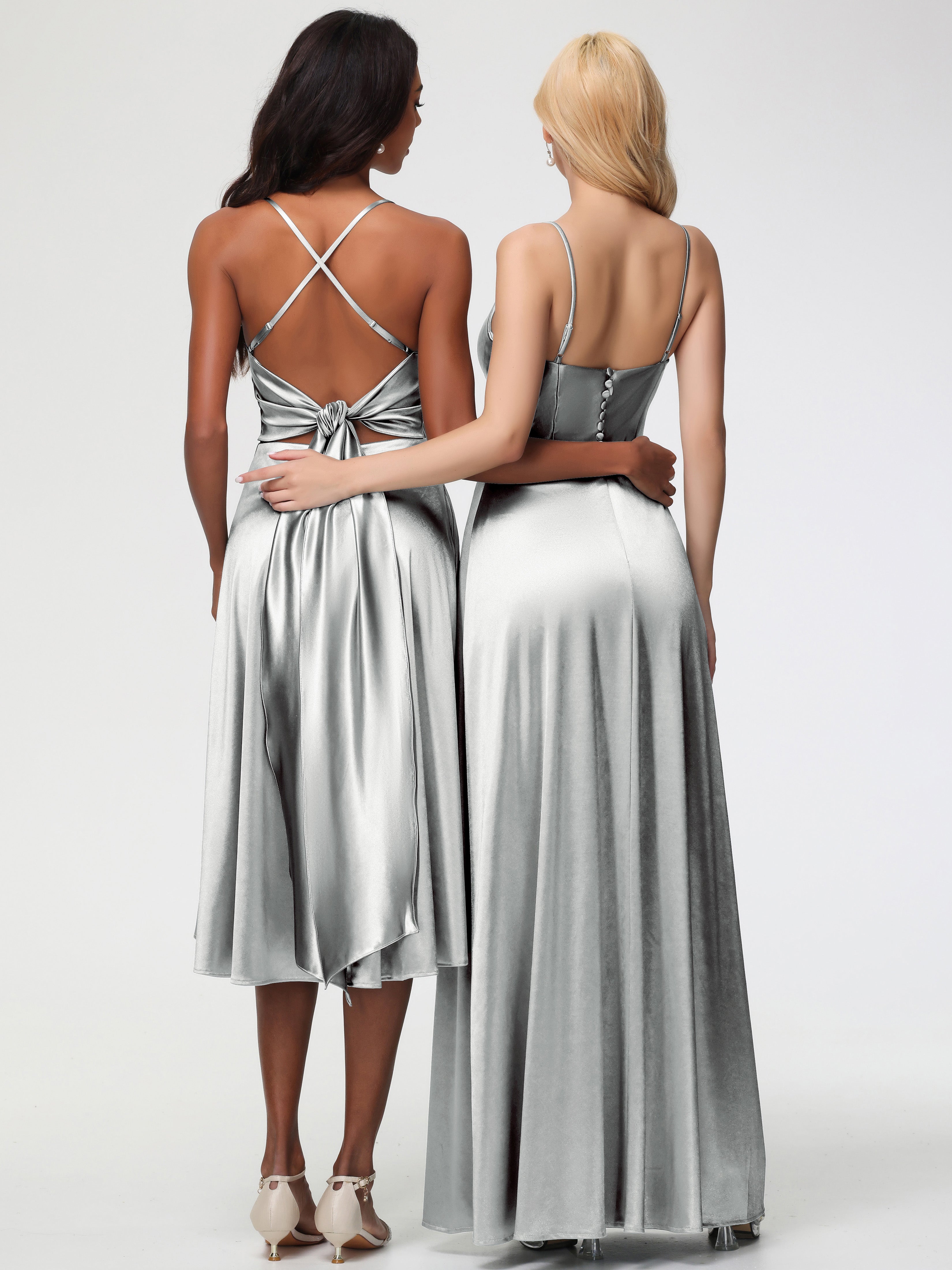 Robes De Demoiselle D'Honneur En Argent Bretelles Spaghetti Col Carré Fendue Trapèze Satin Extensible Robe De Demoiselle D'Honneur