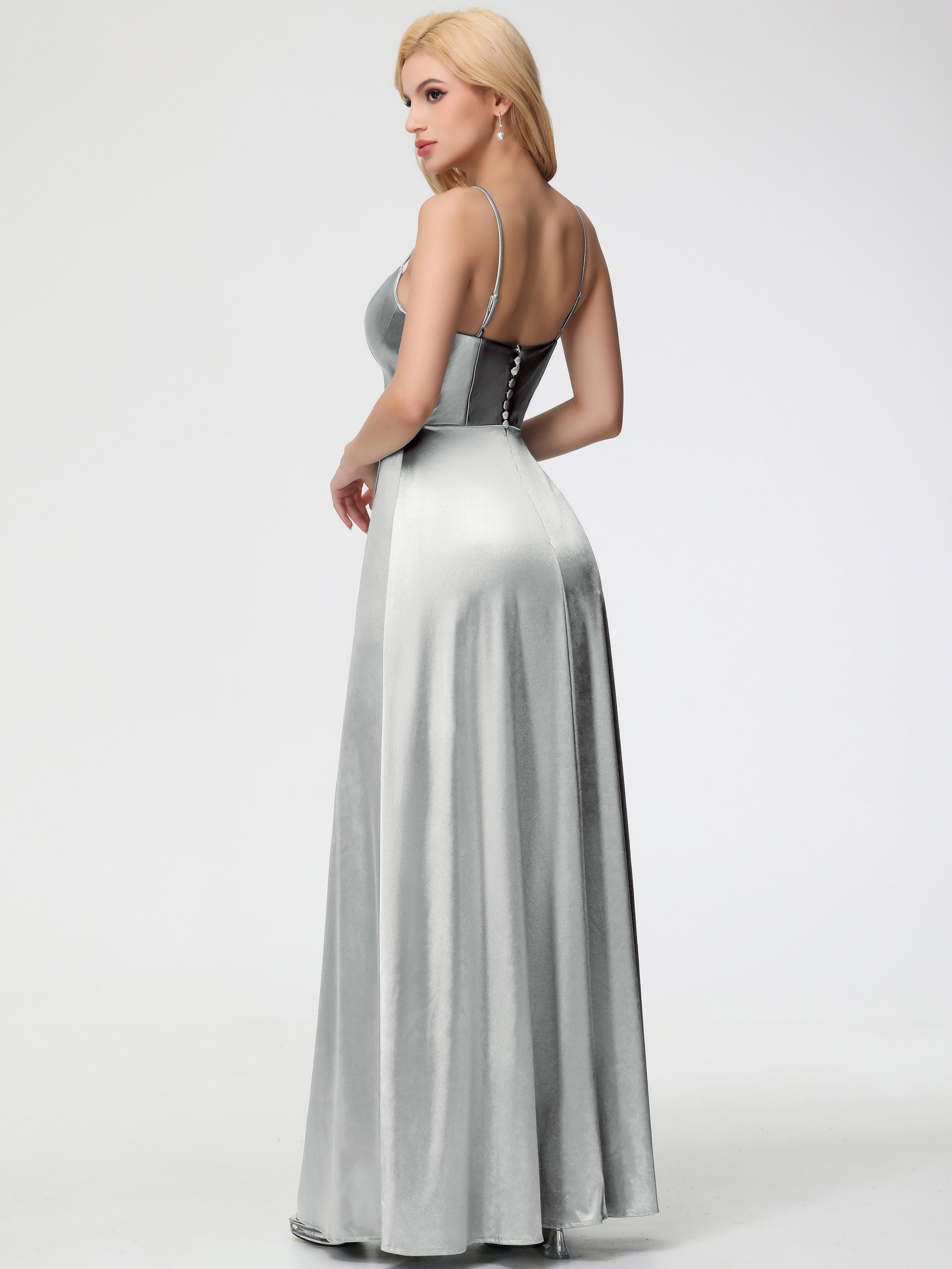 Robes De Demoiselle D'Honneur En Argent Bretelles Spaghetti Col Carré Fendue Trapèze Satin Extensible Robe De Demoiselle D'Honneur