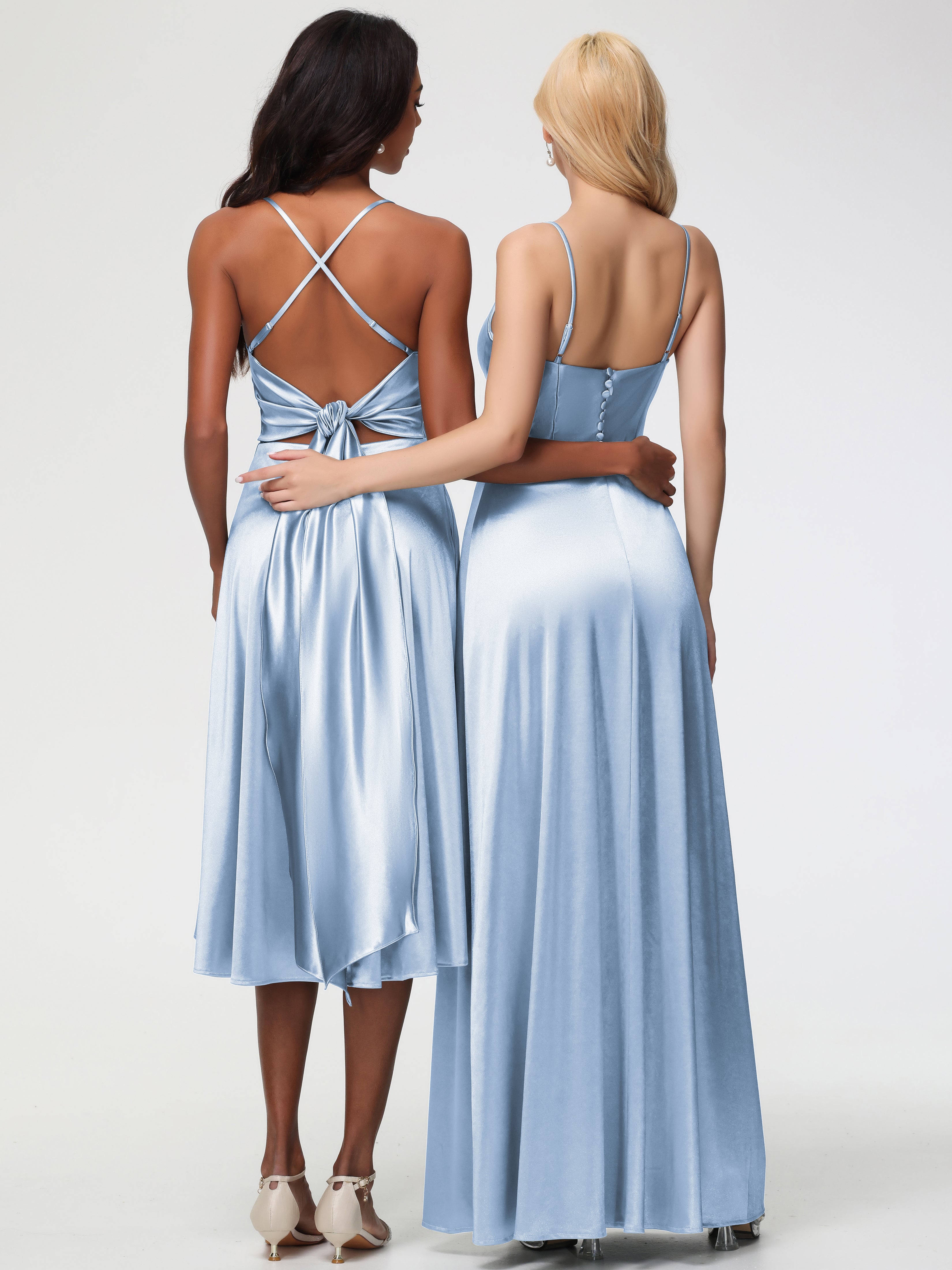 Robes De Demoiselle D'Honneur Bleu Ciel Bretelles Spaghetti Col Carré Fendue Trapèze Satin Extensible Robe De Demoiselle D'Honneur