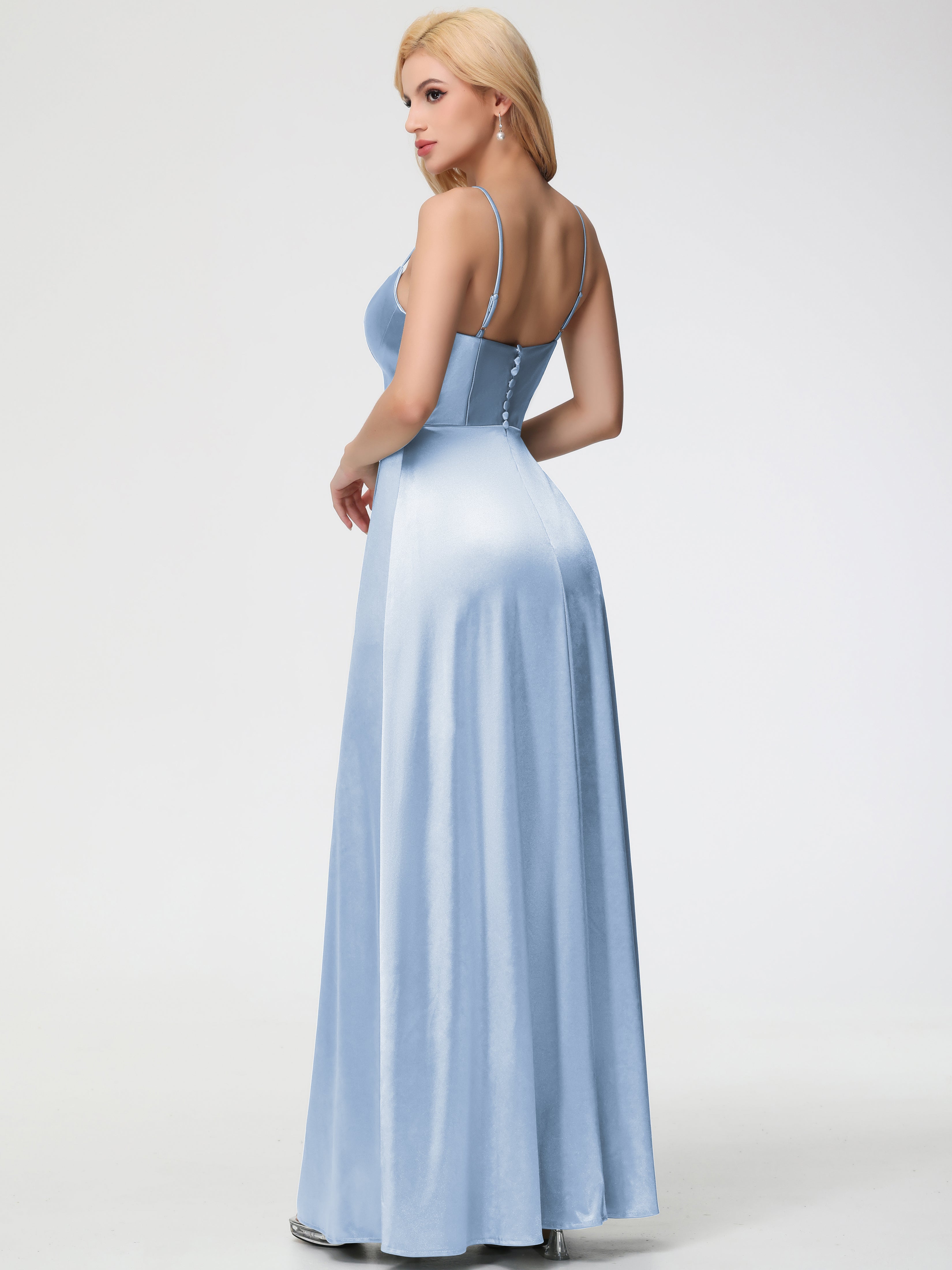 Robes De Demoiselle D'Honneur Bleu Ciel Bretelles Spaghetti Col Carré Fendue Trapèze Satin Extensible Robe De Demoiselle D'Honneur