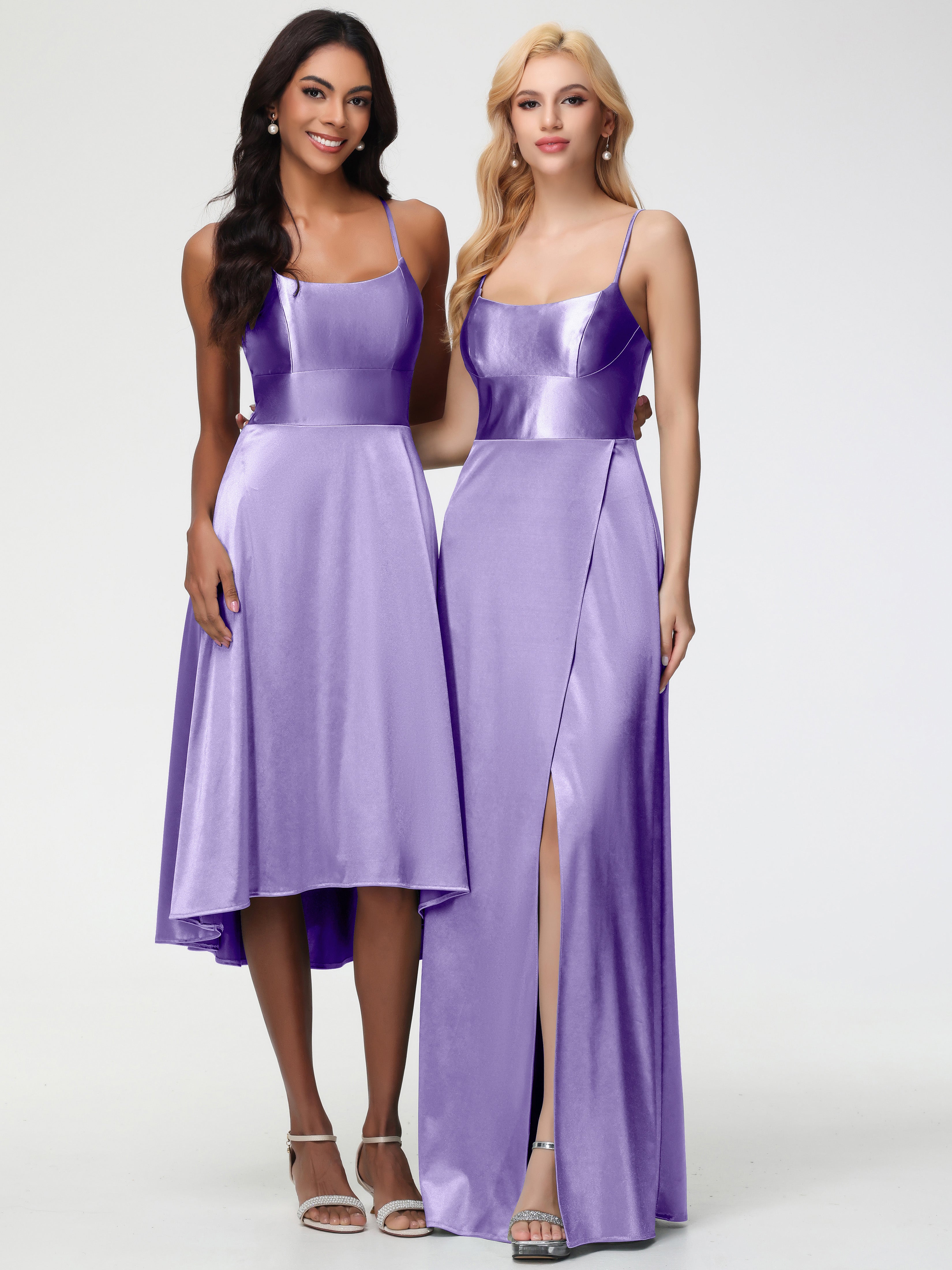 Robes De Demoiselle D'Honneur Tahiti Bretelles Spaghetti Col Carré Fendue Trapèze Satin Extensible Robe De Demoiselle D'Honneur