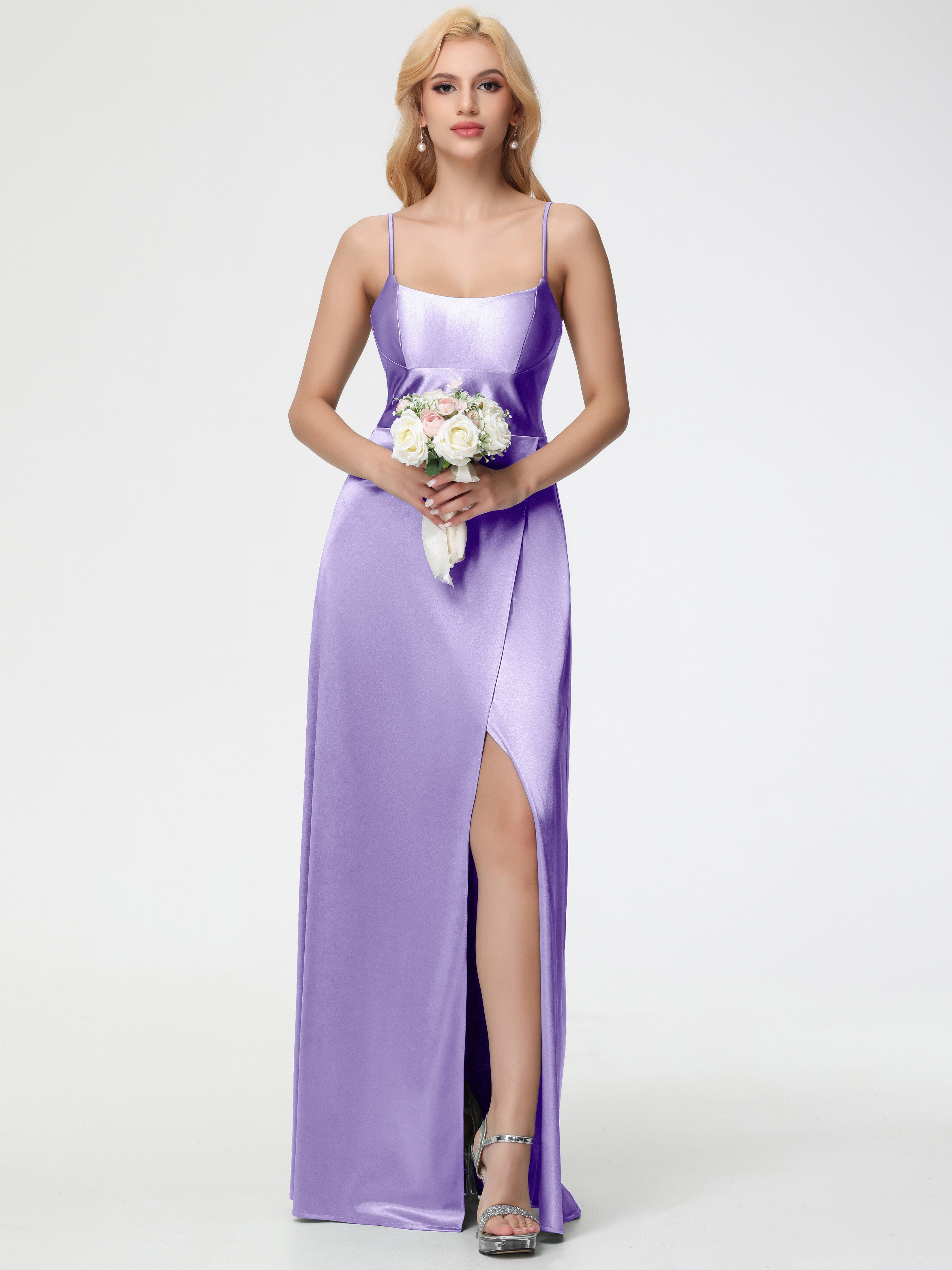 Robes De Demoiselle D'Honneur Tahiti Bretelles Spaghetti Col Carré Fendue Trapèze Satin Extensible Robe De Demoiselle D'Honneur