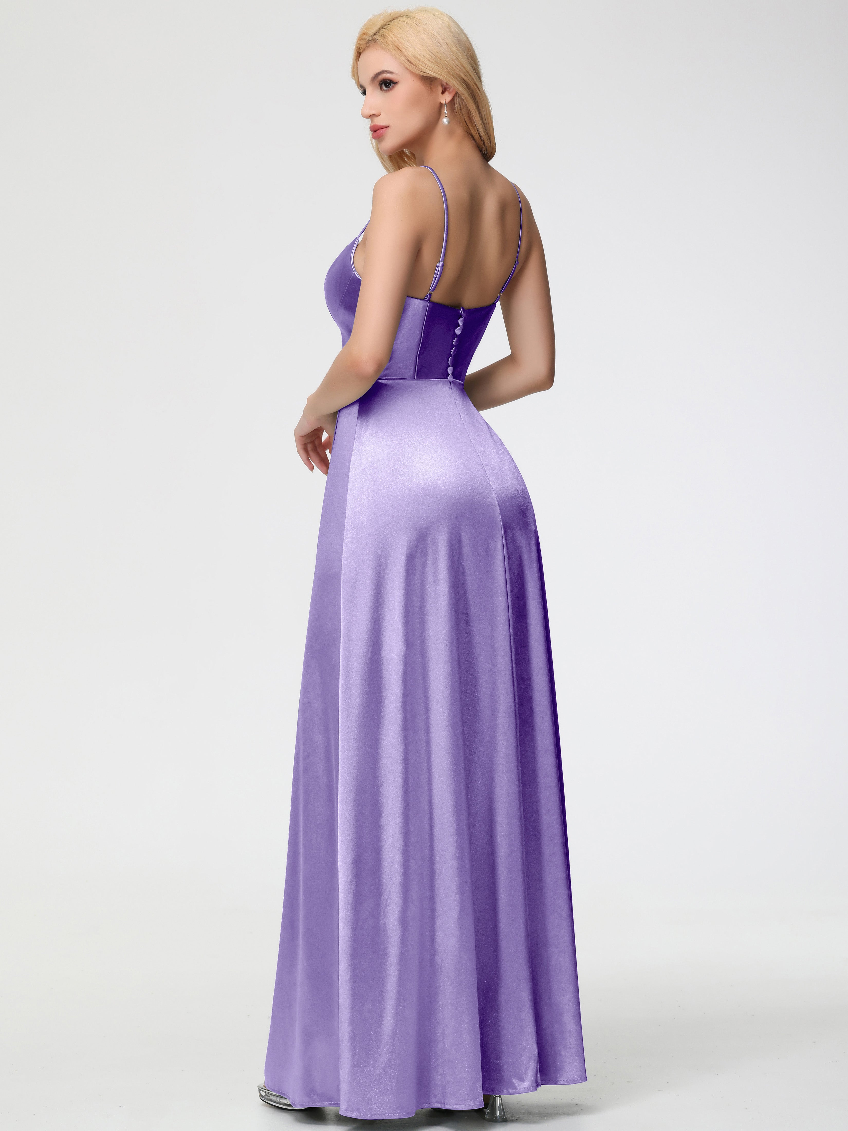 Robes De Demoiselle D'Honneur Tahiti Bretelles Spaghetti Col Carré Fendue Trapèze Satin Extensible Robe De Demoiselle D'Honneur