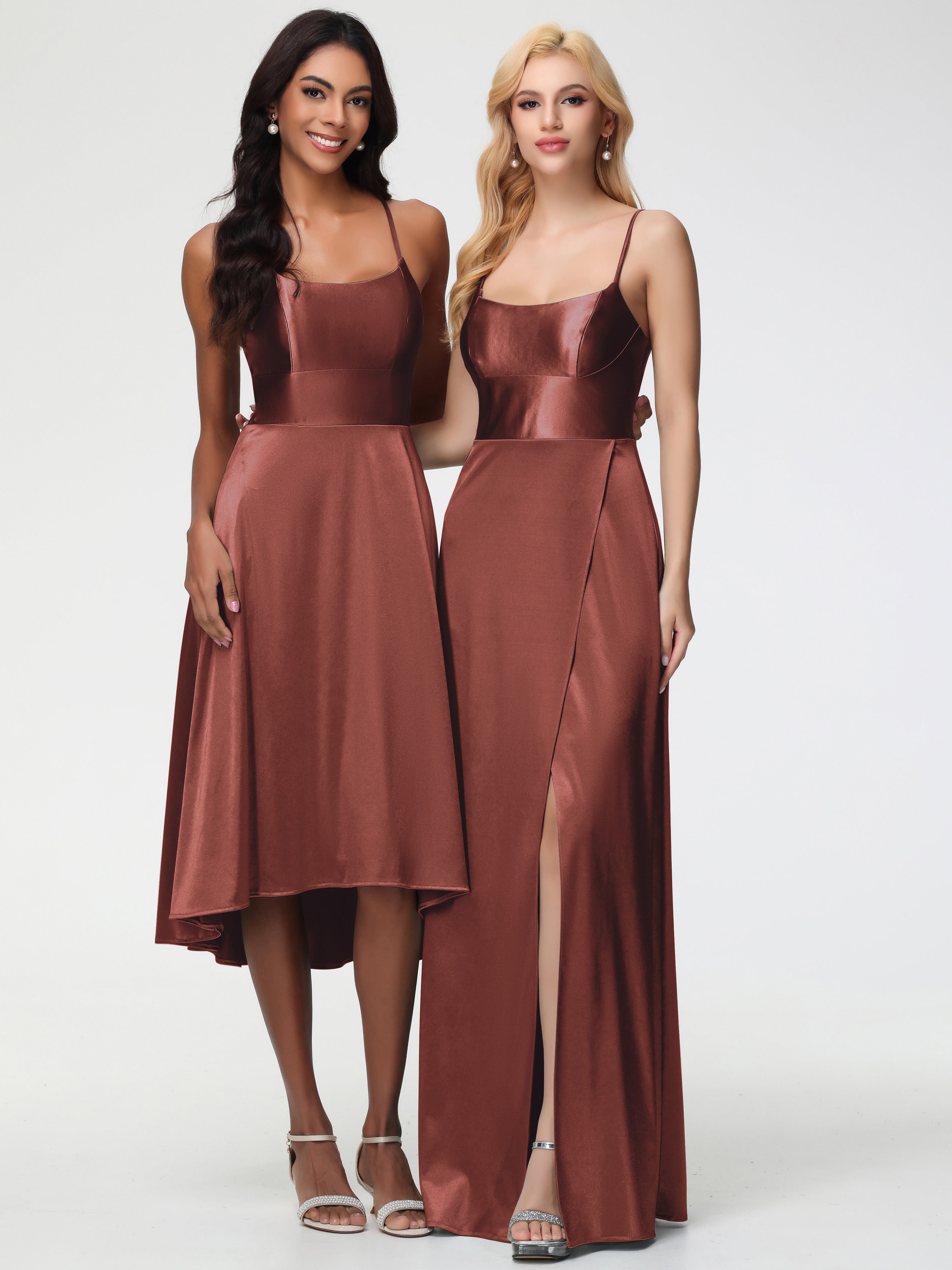 Robes De Demoiselle D'Honneur En Terre Cuite Bretelles Spaghetti Col Carré Fendue Trapèze Satin Extensible Robe De Demoiselle D'Honneur